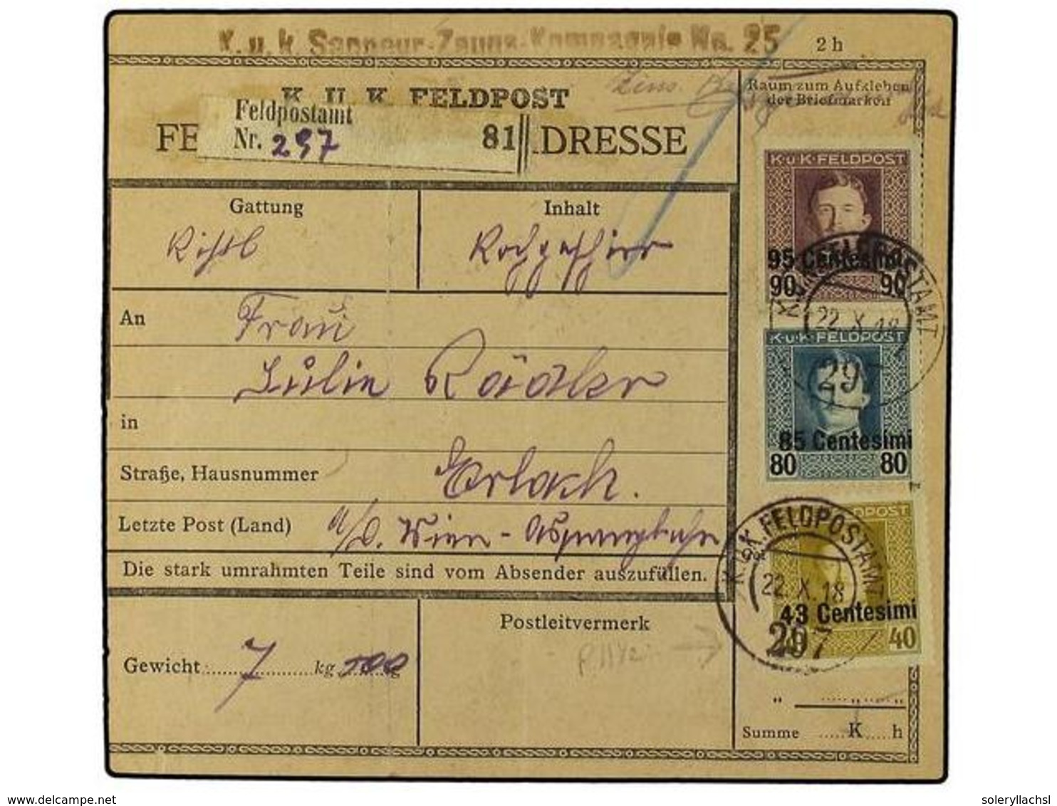 126 AUSTRIA. 1918. Parcel Card Franked By <B>7 C. On 6 H.</B> Violet, <B>43 C. On 40 C. </B>olive (perf 11½), <B>85 C. O - Other & Unclassified