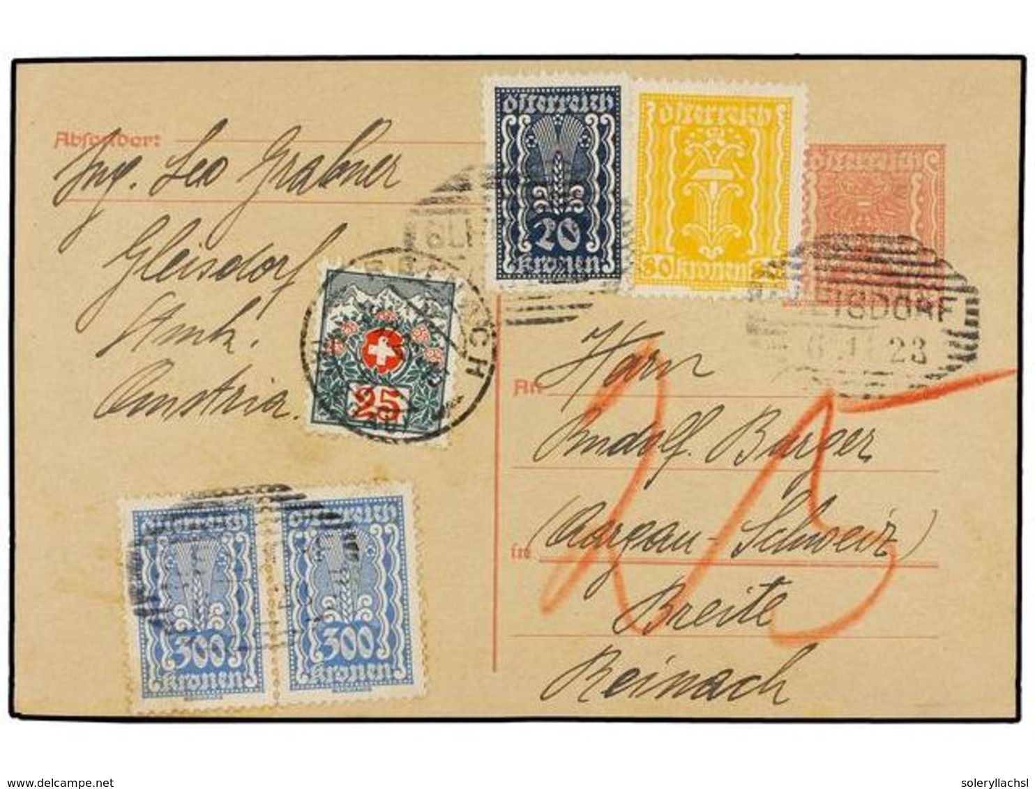 127 AUSTRIA. 1923. HEINSDORF To SWITZERLAND.<B> 200 Kr.</B> Rose Postal Stationary Uprated With <B>20 Kr., 80 Kr. </B>an - Other & Unclassified