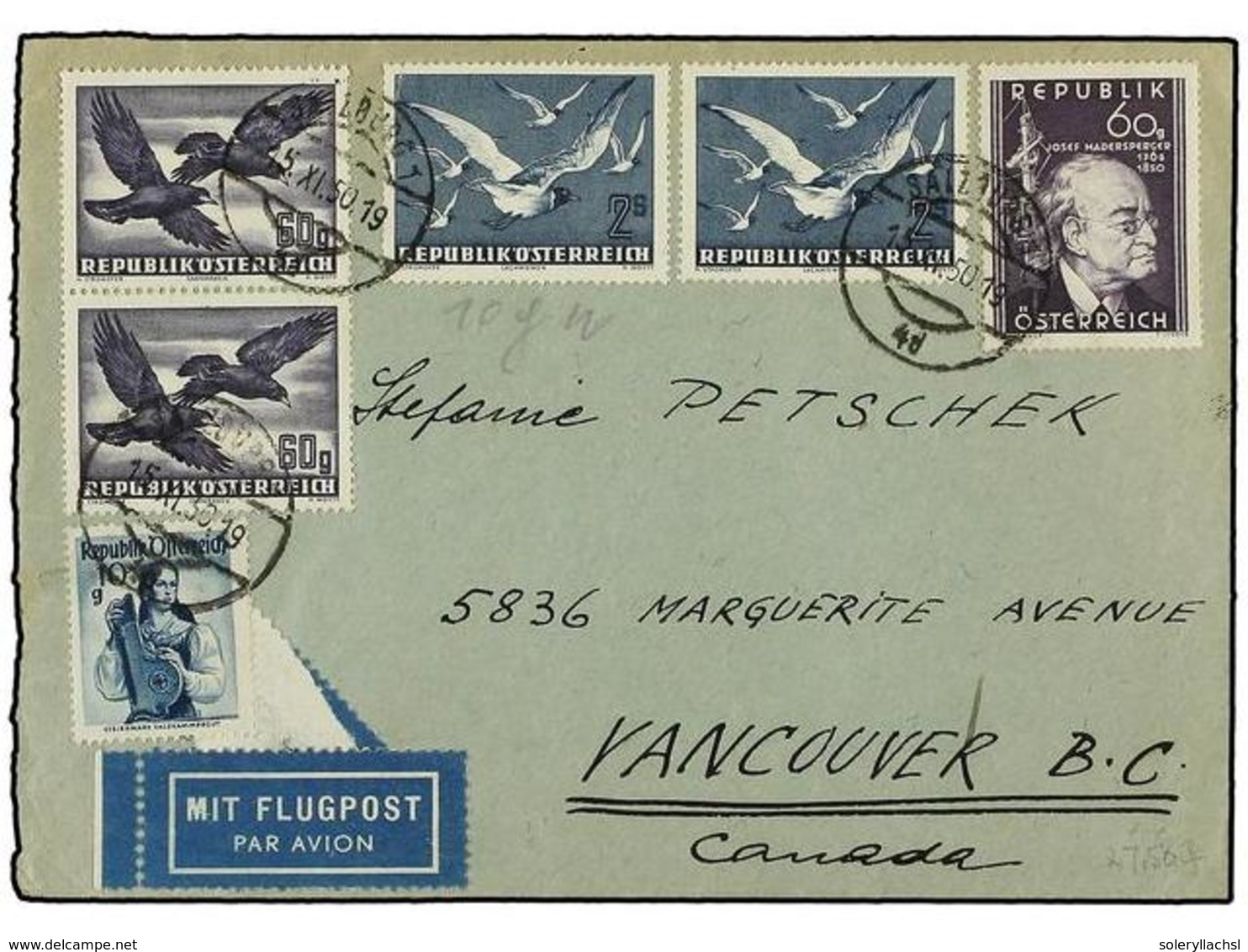 128 AUSTRIA. 1950. Airmail Cover To CANADA Franked By 1948 Costumes <B>10 G.</B>, Birds <B>60 G.</B> Pair And 2 X <B>2 S - Other & Unclassified