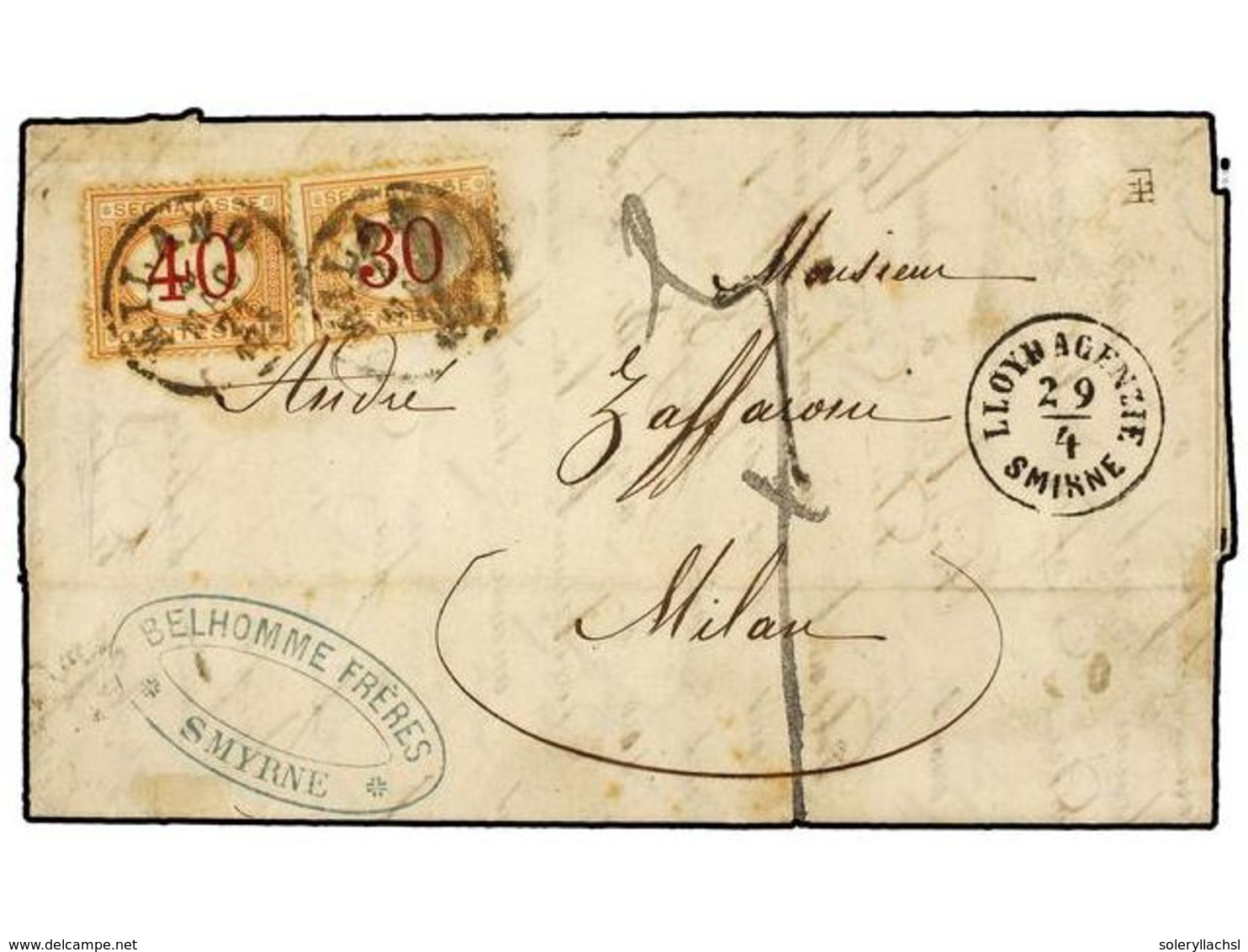 134 LEVANTE: CORREO AUSTRIACO. 1871 (29 Agosto). SMYRNA A MILAN (Italia). Fechador <B>LLOYD AGENZIE/SMIRNE</B>, Tasada A - Sonstige & Ohne Zuordnung