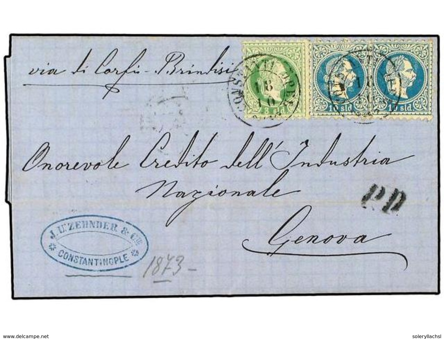 135 LEVANTE: CORREO AUSTRIACO. 1873 (Oct 18). Entire Letter From Constantinople To Genoa Endorsed 'Via Corfu & Brindisi' - Other & Unclassified