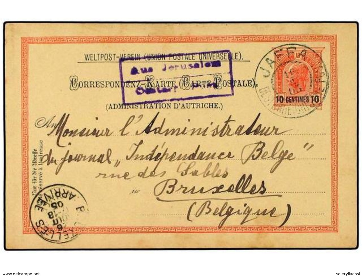 141 LEVANTE: CORREO AUSTRIACO. 1905 (Aug 16). <B>10 C. On 10 H.</B> Rose Stationery Card Used To BRUSSELS Cancelled By F - Other & Unclassified