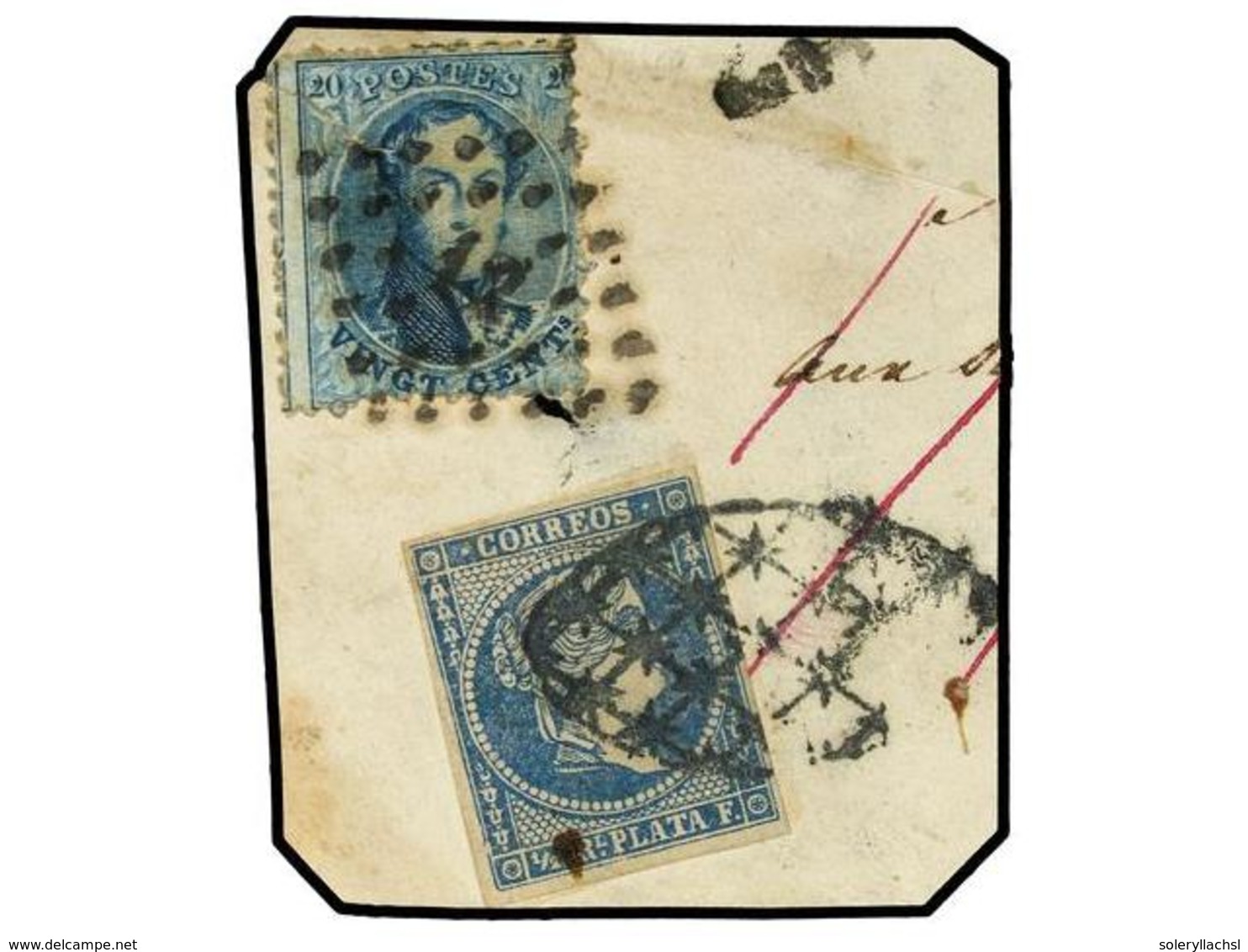 143 BELGICA. Fragmento Con Franqueo De Bélgica De <B>20 Cts.</B> Azul (defecto) Y Sello De Antillas De <B>1/2 Real</B> A - Other & Unclassified