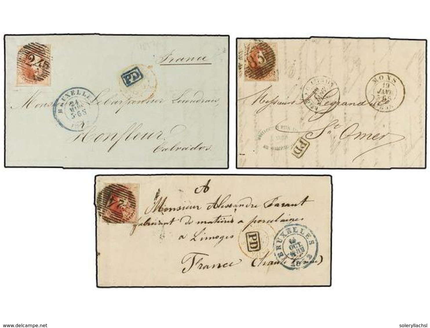 151 BELGICA. 1851-58. THREE Covers To FRANCE With <B>40 Cts.</B> Rose Stamp. - Other & Unclassified