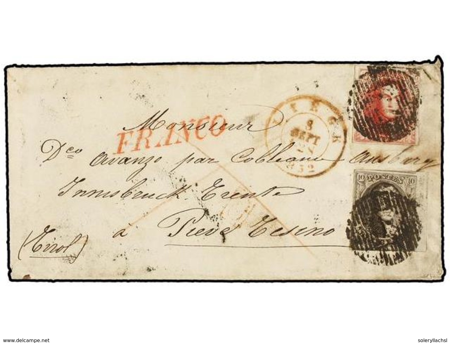 154 BELGICA. Of.7, 8. 1852. LIEGE To INSBRUCK (Tirol, Austria). Envelope Franked With <B>10 Cts.</B> Brown And <B>40 Cts - Other & Unclassified