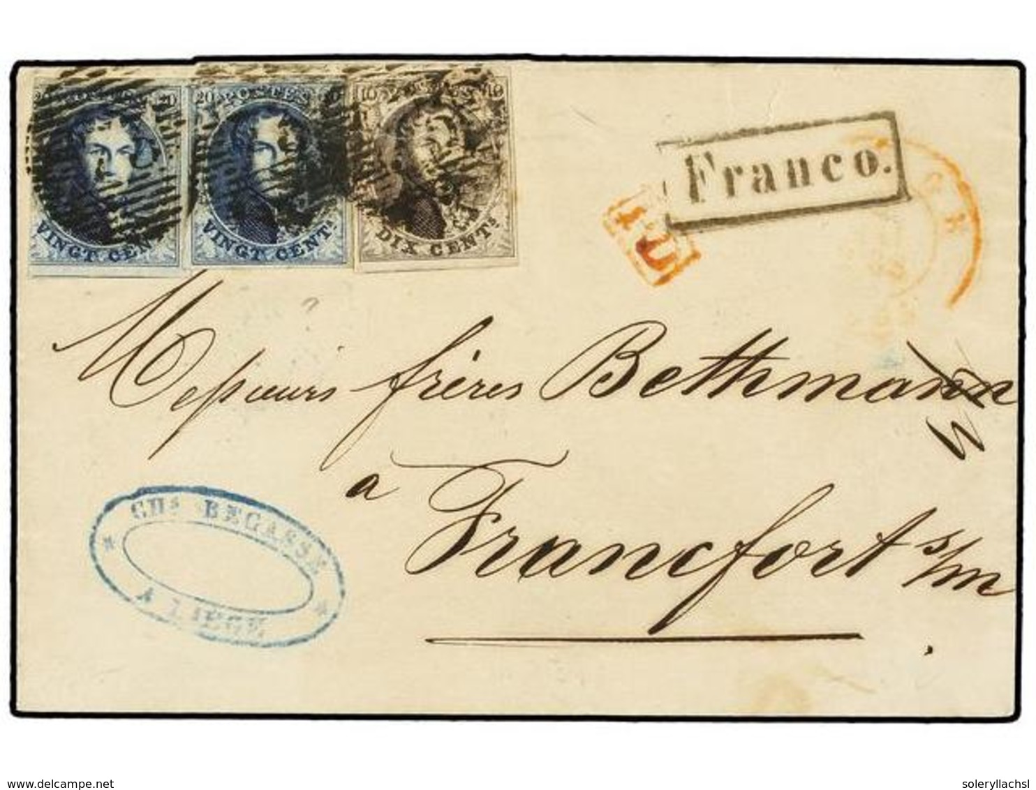 156 BELGICA. Of.6, 7 (2). 1853. LIEGE To FRANKFURT (Germany). Folded Letter Franked With <B>10 Cts.</B> Brown And Two <B - Sonstige & Ohne Zuordnung
