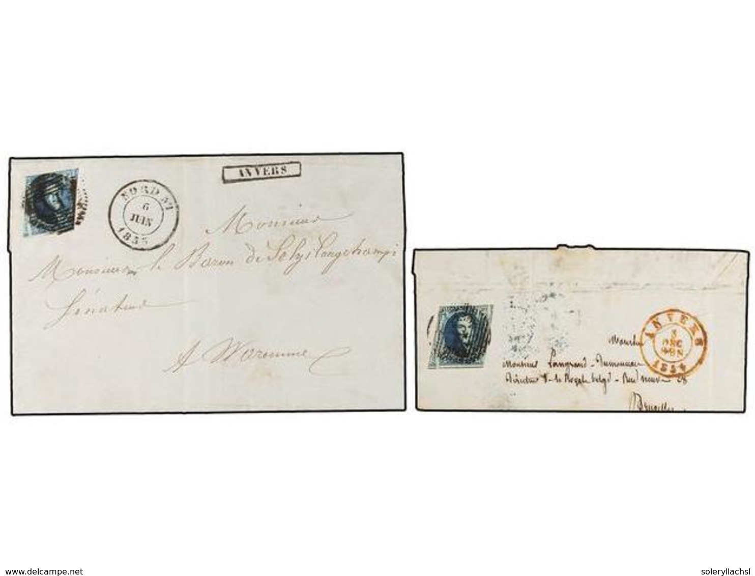 159 BELGICA. Of.7 (2). 1854-58. TWO Covers Franked With <B>20 Cts.</B> Blue Stamp. Margins Cut Diagonally. Unusual. - Other & Unclassified