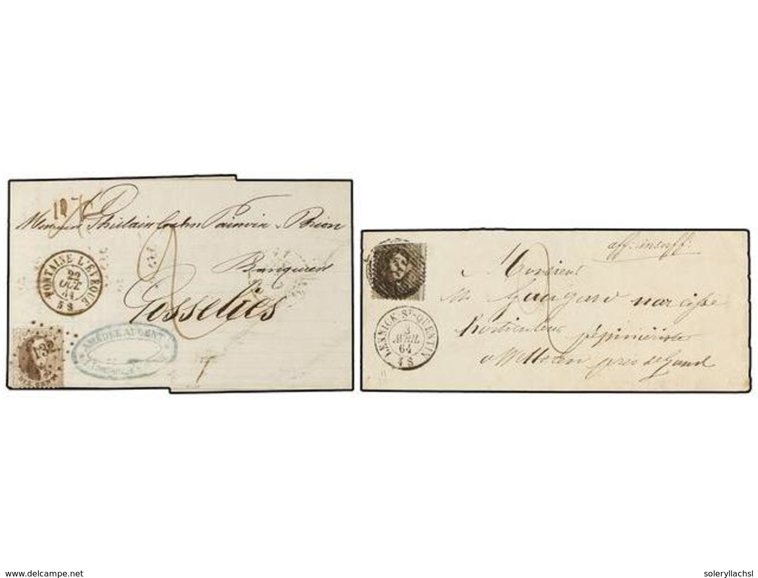 162 BELGICA. Of.14 (2). 1864. TWO Covers Franked With <B>10 Cts.</B>  Brown Stamps. <B>AFFRANCHISSEMENT INSUFFISANT.</B> - Autres & Non Classés