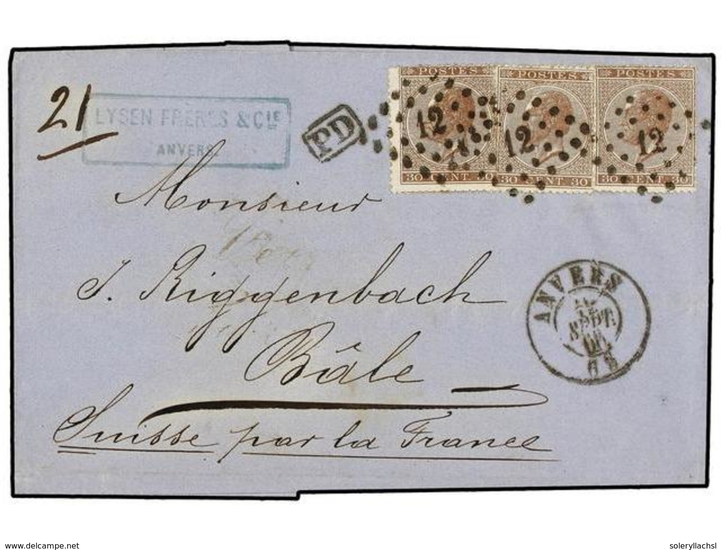 167 BELGICA. Of.19 (3). 1865. ANVERS To BALE (Switzerland). Folded Letter Franked With Three <B>30 Cts.</B> Brown, Tied  - Sonstige & Ohne Zuordnung