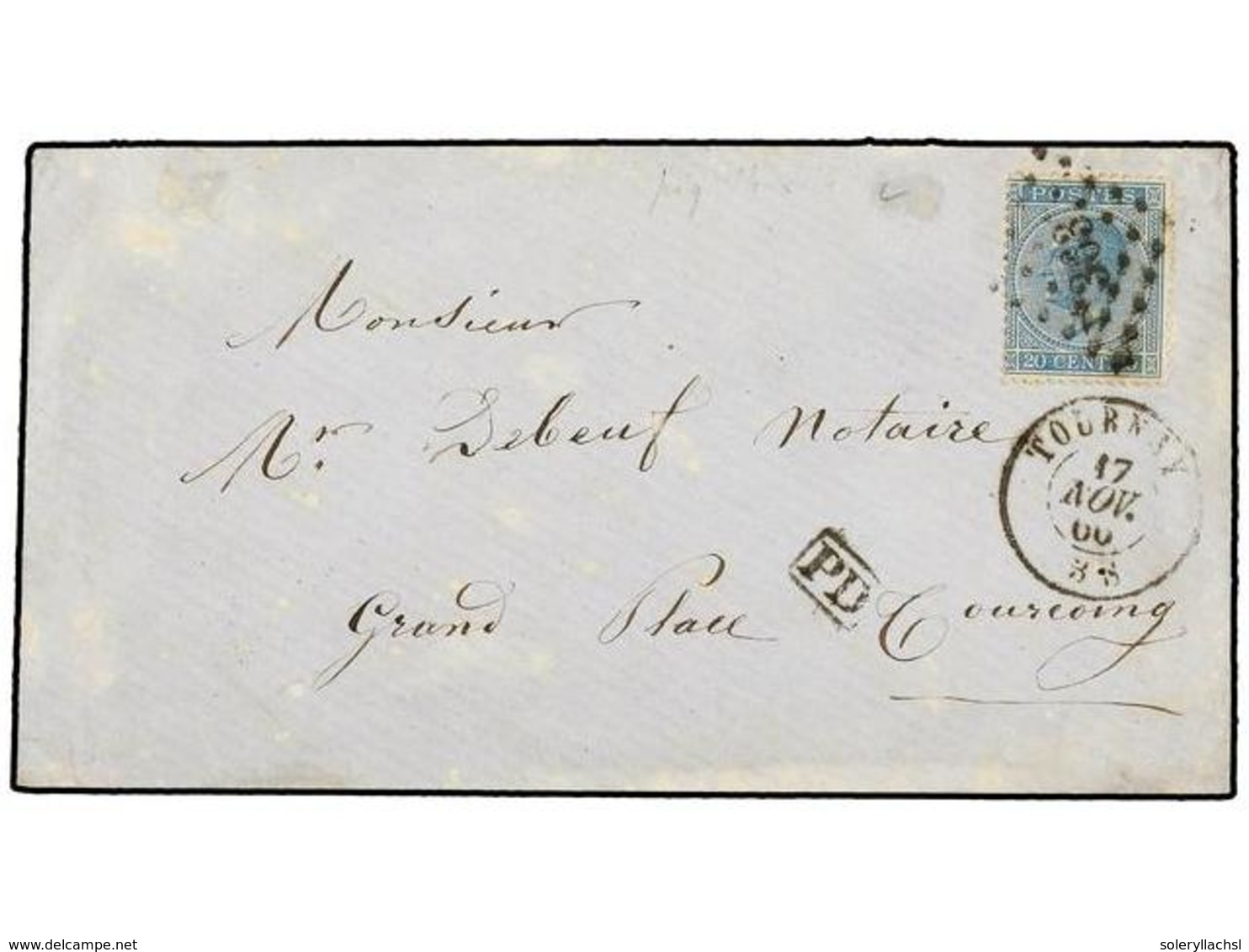 168 BELGICA. Of.18. 1866. TOURNAY To TOURCOING (France). Envelope Franked With <B>20 Cts.</B> Blue Stamp, Arrival On Rev - Andere & Zonder Classificatie