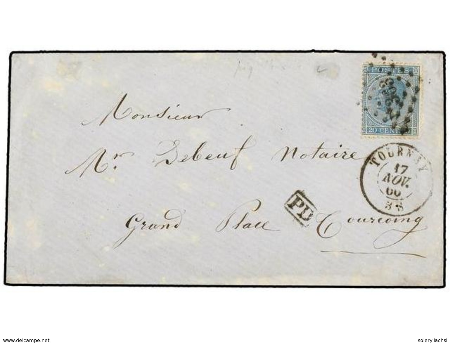 168 BELGICA. Of.18. 1866. TOURNAY To TOURCOING (France). Envelope Franked With <B>20 Cts.</B> Blue Stamp, Arrival On Rev - Sonstige & Ohne Zuordnung