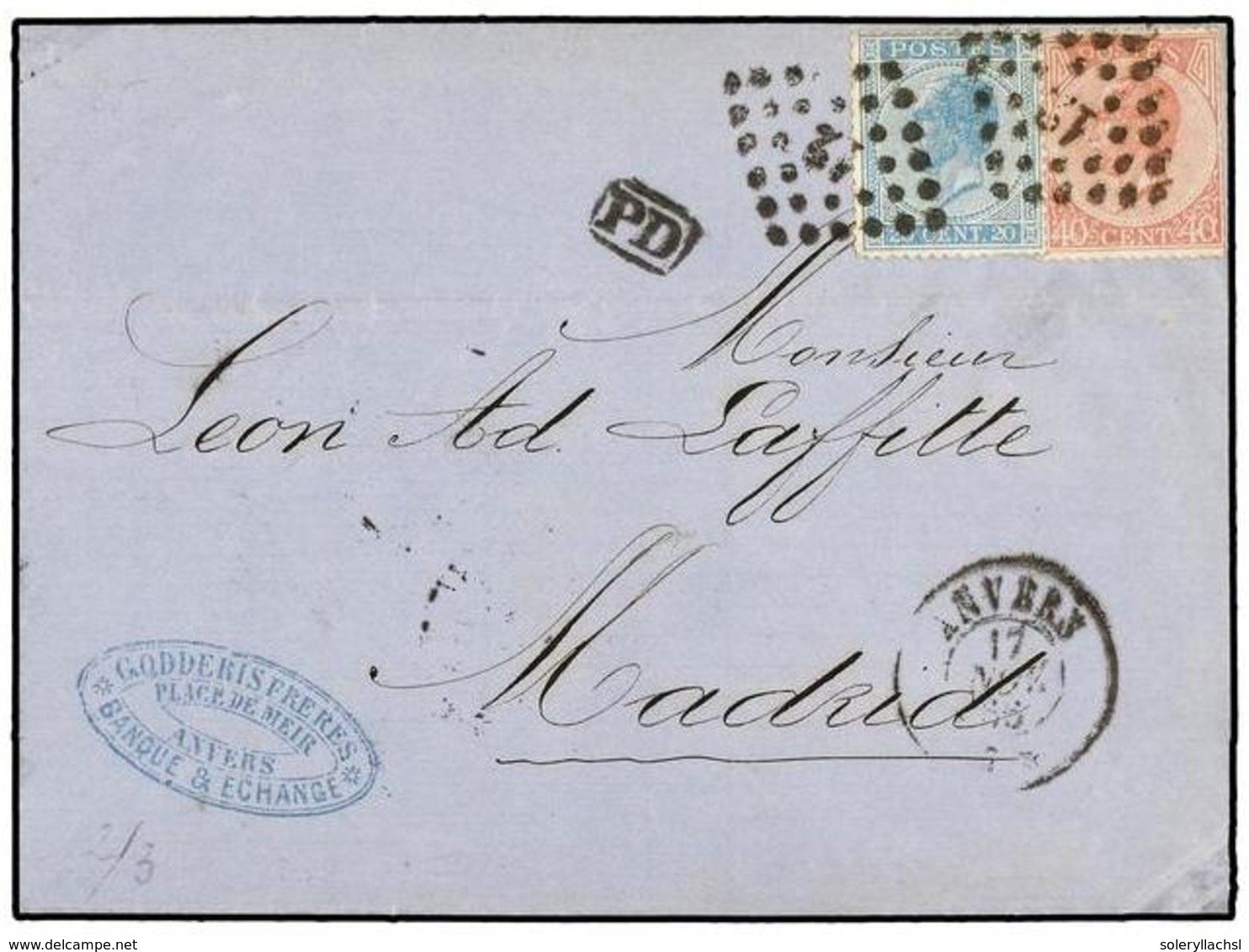 169 BELGICA. Of.18, 20. 1866. ANVERS To MADRID (Spain). Folded Letter Franked With <B>20 Cts.</B> Blue And <B>40 Cts.</B - Sonstige & Ohne Zuordnung
