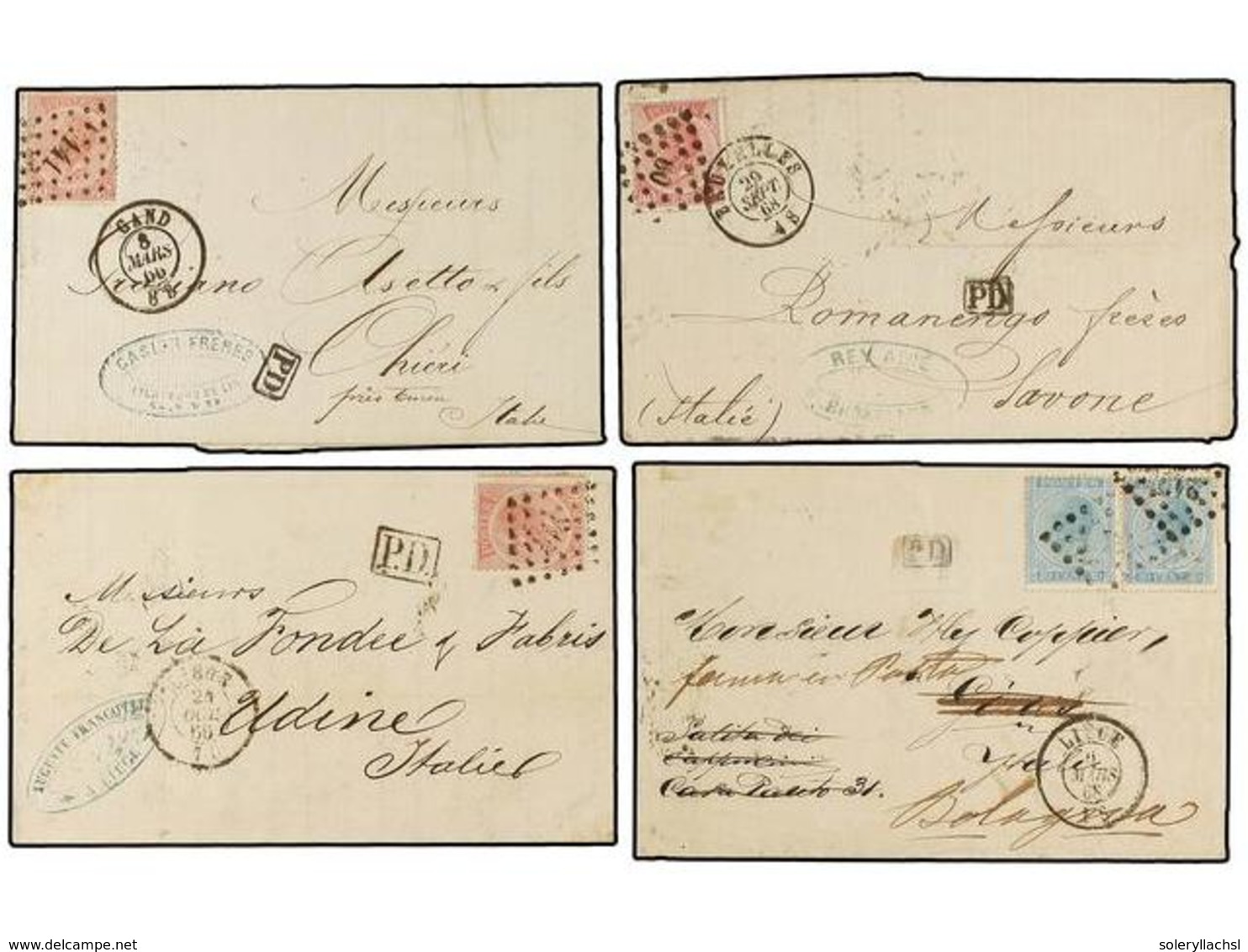 172 BELGICA. 1866-68. Seven Covers To ITALY With <B>40 Cts.</B> (3), <B>20+20 Cts.</B> And <B>10+30 Cts.</B> (3) Frankin - Sonstige & Ohne Zuordnung