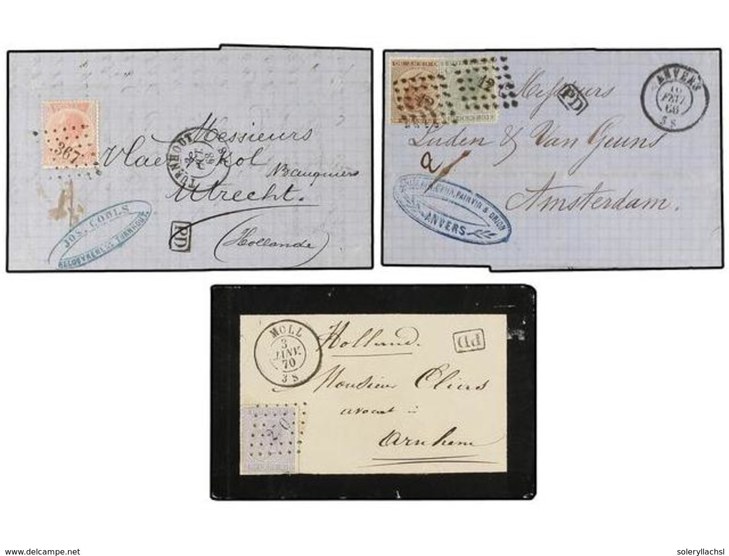 174 BELGICA. 1866-70. FIVE Covers To HOLLAND. <B>10+10 Cts., 20 Cts, 20+20 Cts., 10+30 Cts.</B> And <B>40 Cts.</B> Frank - Other & Unclassified