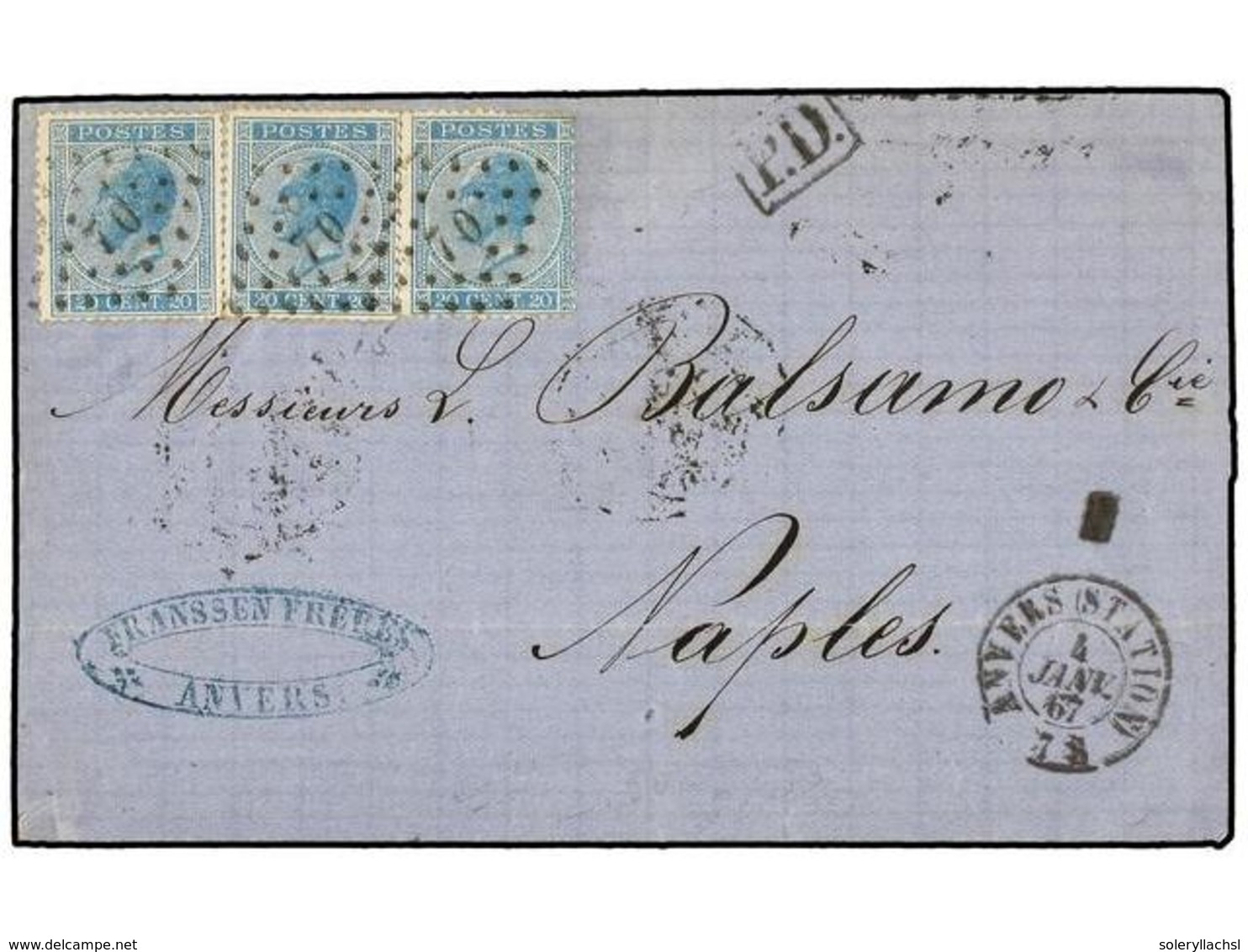 176 BELGICA. Of.18 (3). 1867. ANVERS To NAPOLI. Folded Letter Franked With Three <B>20 Cts.</B> Blue Stamps, Tied By <B> - Sonstige & Ohne Zuordnung