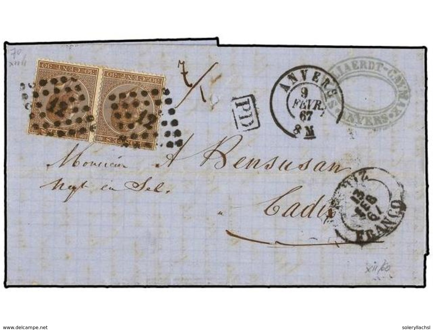 177 BELGICA. Of.19 (2). 1867. ANVERS To CADIZ (Spain). Entire Letter Franked With Two <B>30 Cts.</B> Brown Stamps, Tied  - Other & Unclassified