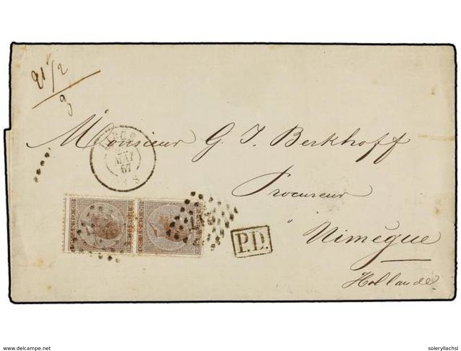178 BELGICA. Of.19 (2). 1867. LIEGE To NIMEGUE (Holland). Folded Letter Franked With Two <B>30 Cts.</B> Brown, Tied By < - Other & Unclassified
