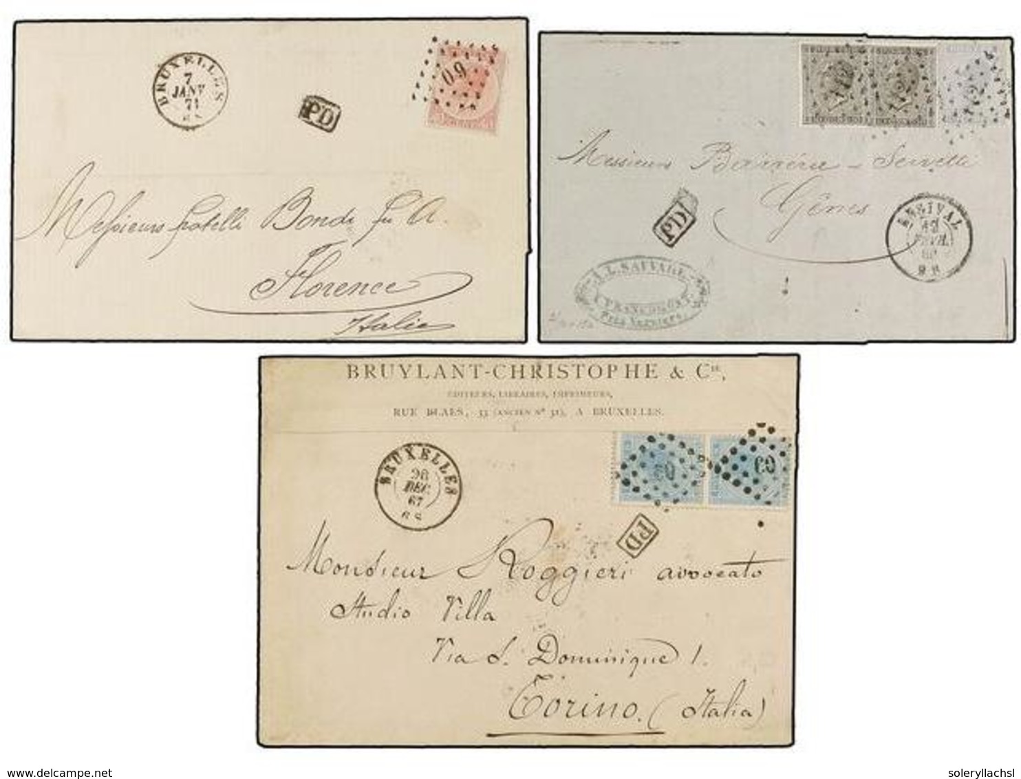 180 BELGICA. 1867-71. THREE Covers To ITALY With <B>20+20 Cts., 40 Cts.</B> And <B>10+20 Cts.</B> Frankings. Very Fine. - Other & Unclassified