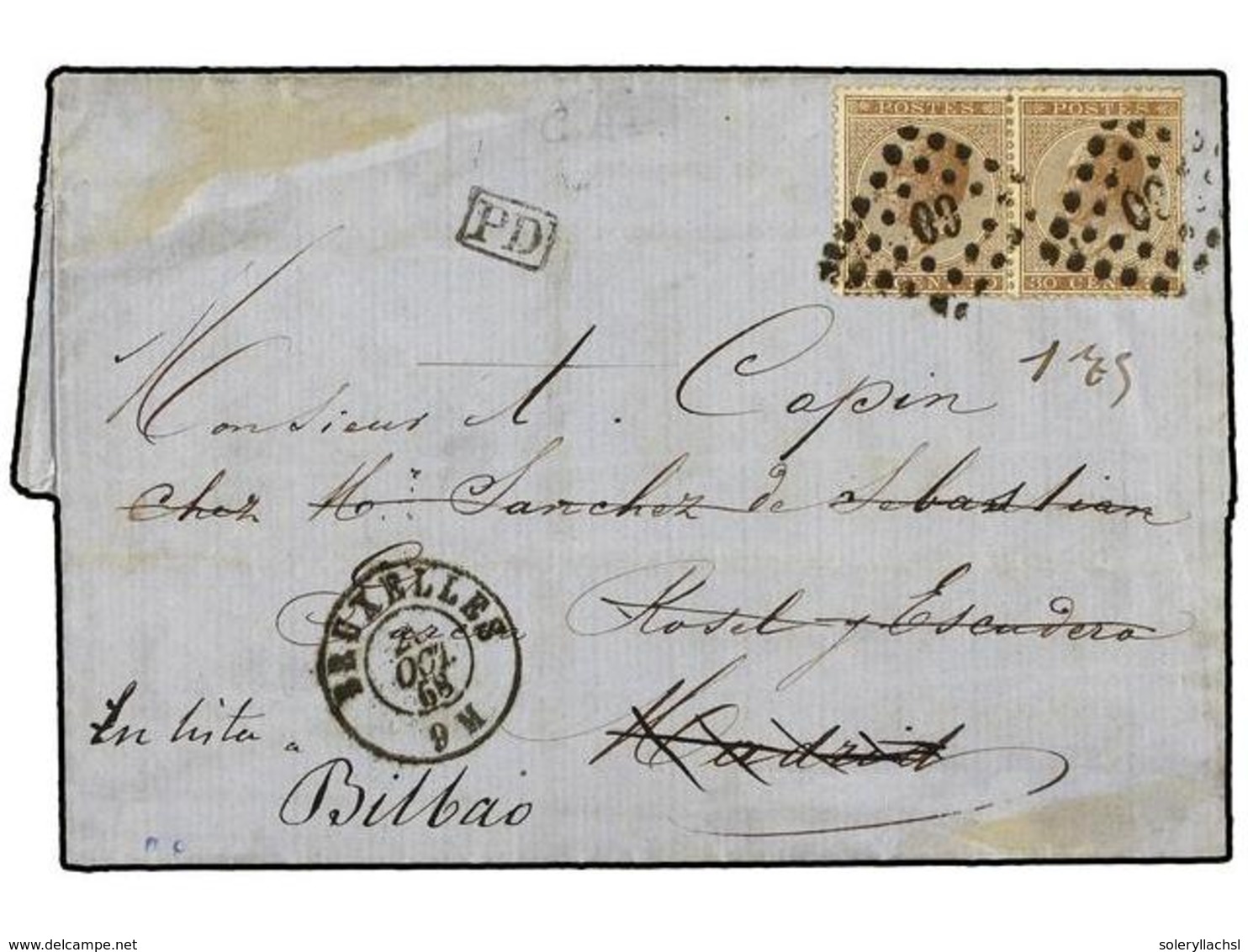 182 BELGICA. Sc.20. 1868 (Oct. 28). Entire Letter From BRUSSELS To MADRID And Readdressed To BILBAO (Spain) Franked By 1 - Other & Unclassified