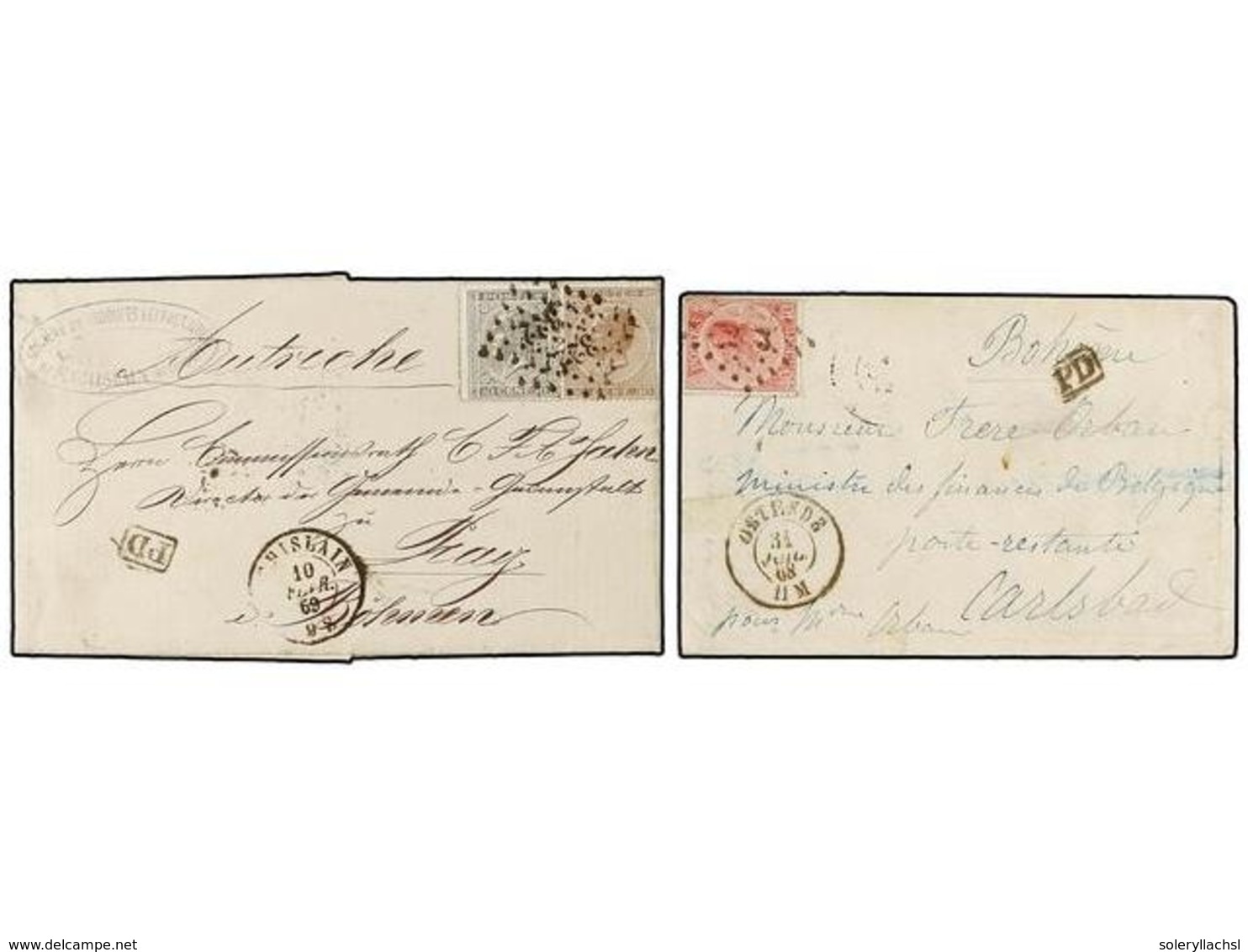 183 BELGICA. 1868-69. TWO Covers To AUSTRIA With <B>40 Cts.</B> And <B>10+30 Cts.</B> Frankings. - Sonstige & Ohne Zuordnung