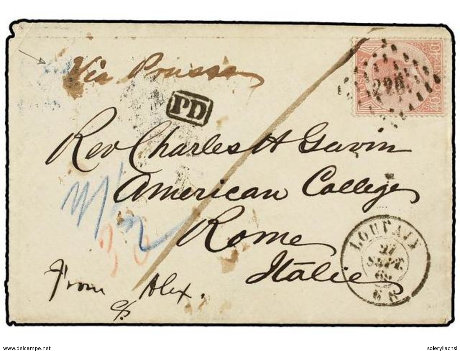 185 BELGICA. Of.20. 1869. LOUVAIN To ROME (Italy). Envelope Franked With <B>40 Cts.</B> Rose Stamp. Endorsed <I>'Via Pru - Sonstige & Ohne Zuordnung