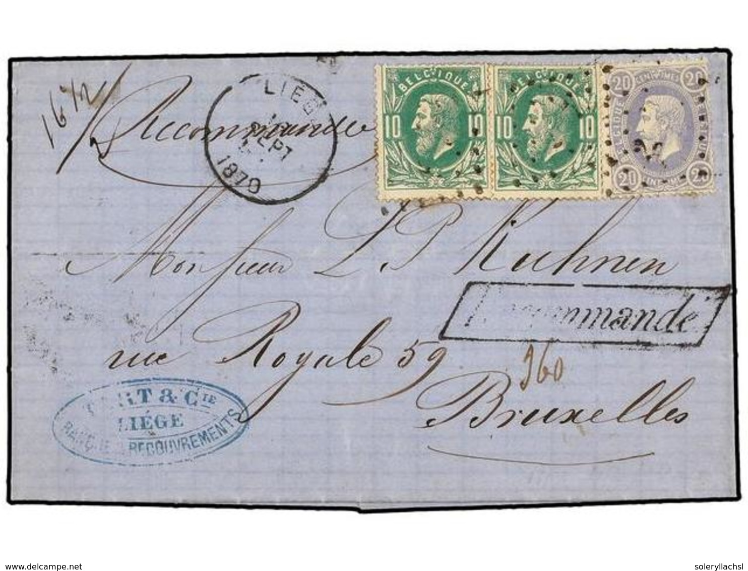 186 BELGICA. Of.30 (2), 31. 1870. LIEGE To BRUXELLES. Entire Letter Franked With Two <B>10 Cts.</B> Green And <B>20 Cts. - Sonstige & Ohne Zuordnung
