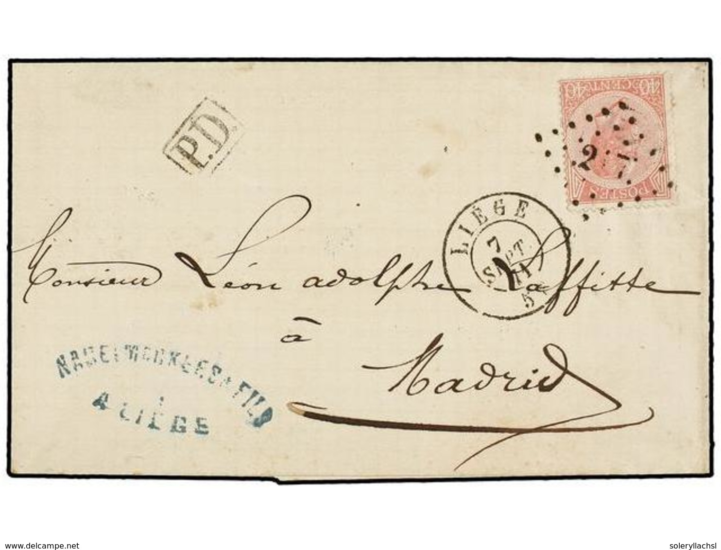 187 BELGICA. Of.20. 1871. LIEGE To MADRID (Spain). Folded Letter Franked With <B>40 Cts.</B> Rose Stamp, Bied By <B>217  - Other & Unclassified