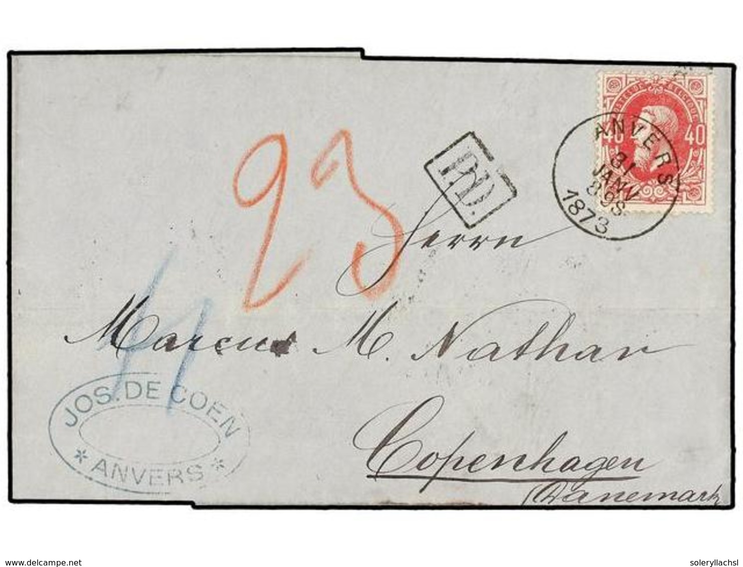 198 BELGICA. Of.34. 1873. ANVERS To DENMARK. Entire Letter Franked With <B>40 Cts.</B> Rose Stamp. Arrival Cds. On Rever - Sonstige & Ohne Zuordnung