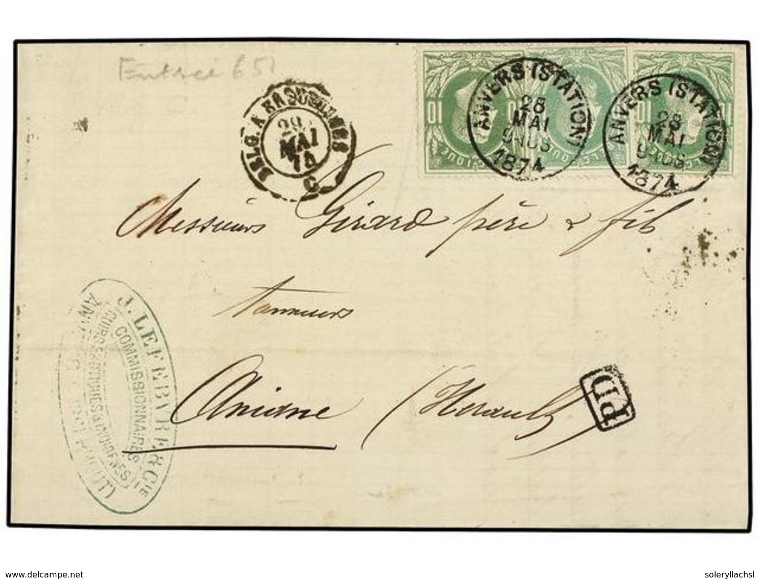 200 BELGICA. 1874. Entire Letter Bearing Three 1869 <B>10 C.</B> Green (2) And A Pale Green Neatly Tied By <B>ANVERS STA - Sonstige & Ohne Zuordnung