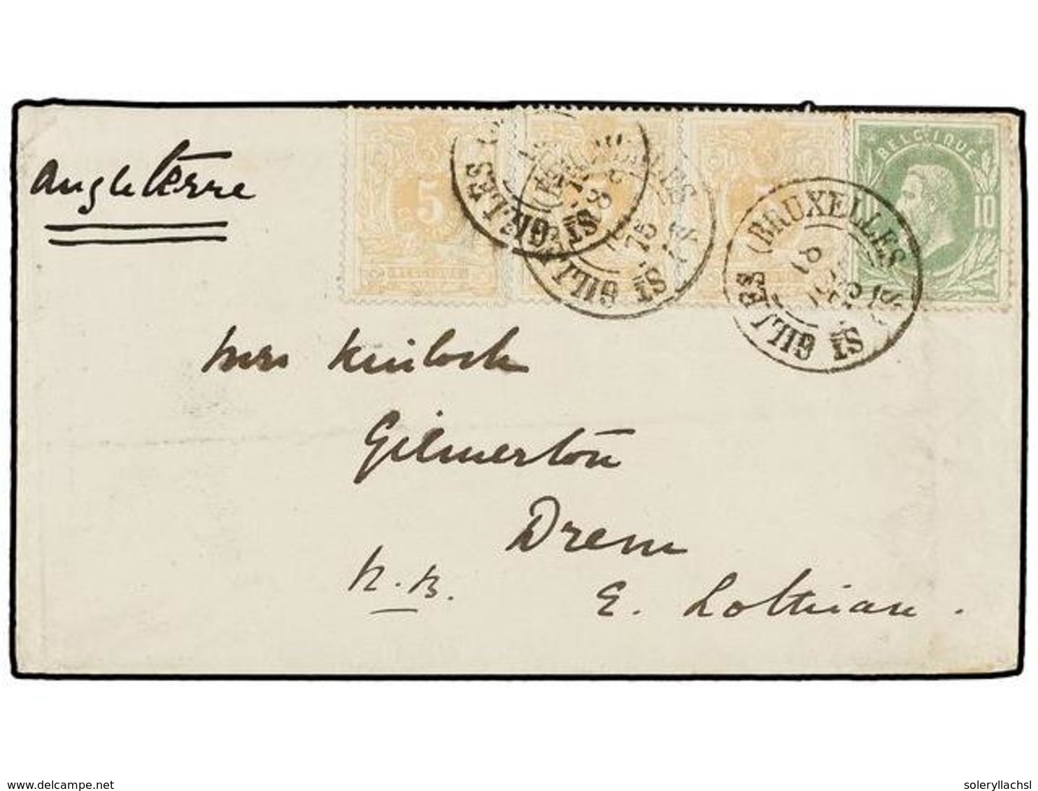 202 BELGICA. Of.28 (3), 30. 1875. BRUXELLES To GREAT BRITAIN. Envelope Franked With Strip Of Three <B>5 Cts.</B> Ocre An - Other & Unclassified