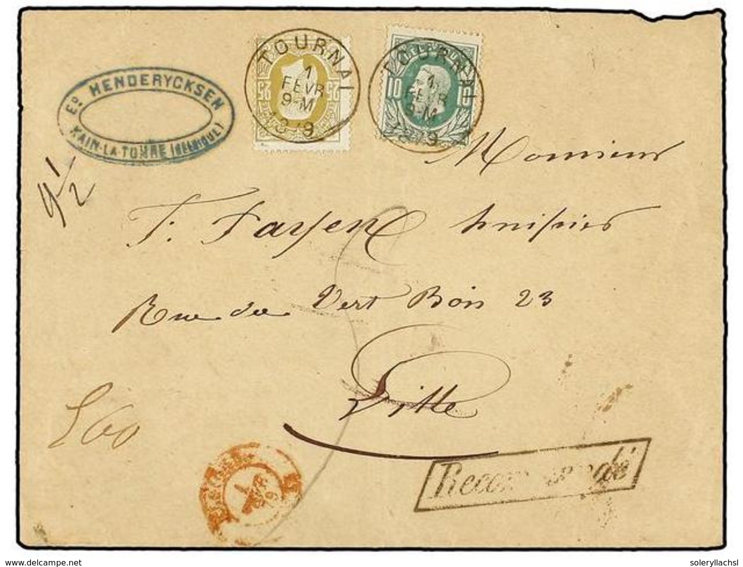 210 BELGICA. Of.30, 32. 1879. TOURNAI To LILLE (France). Envelope Franked With <B>10 Cts.</B> Green And <B>25 Cts.</B> O - Other & Unclassified