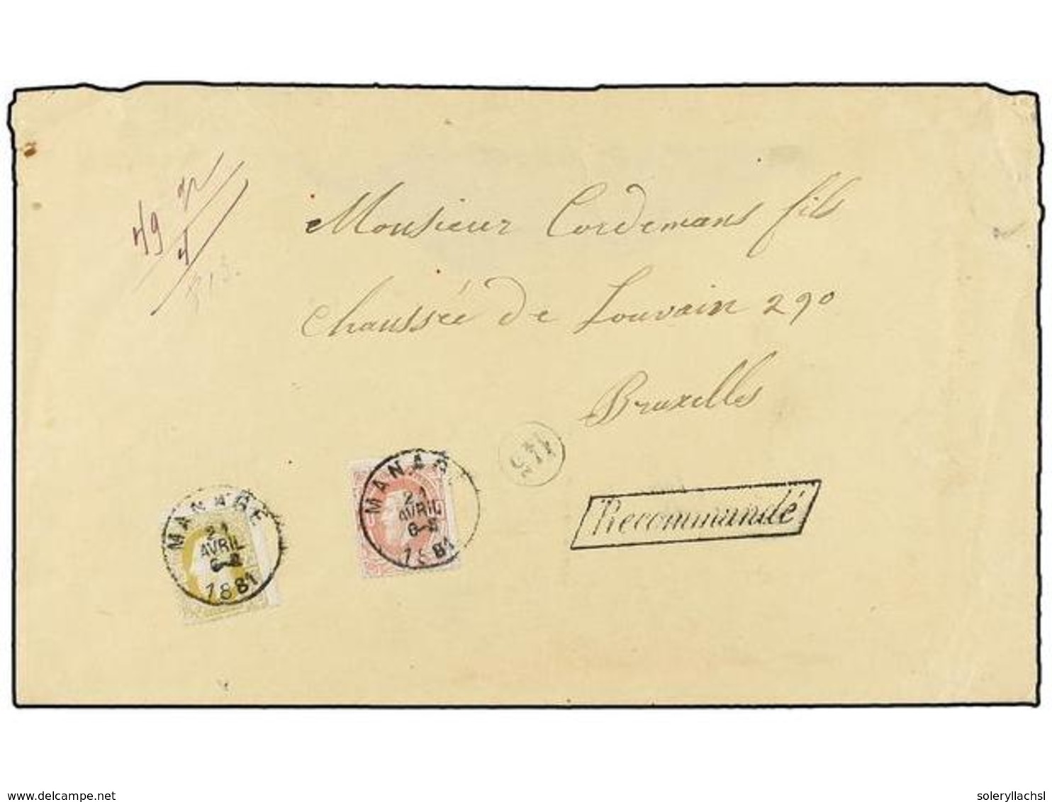 219 BELGICA. Of.32, 34. 1881. MANAGE To BRUXELLES. Envelope Franked With <B>25 Cts.</B> Olive And <B>40 Cts.</B> Rose St - Other & Unclassified