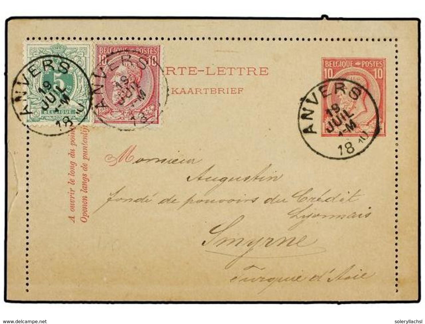 239 BELGICA. 1890 (June 19). <B>10c</B> Rose Stationery Letter-card Used To SMYRNE, Turkey And Up-rated With 1884 <B>5c< - Sonstige & Ohne Zuordnung