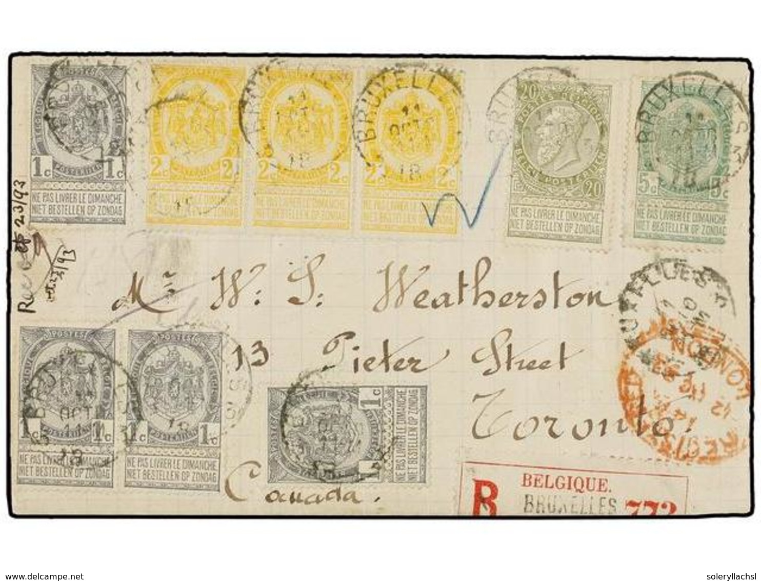 247 BELGICA. Of.53 (4), 54 (3), 56, 59. 1893. BRUXELLES To CANADA. Wrapper Franked With Four <B>1 Cto.</B> Grey, Three < - Sonstige & Ohne Zuordnung