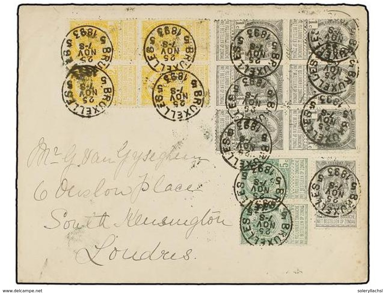 248 BELGICA. Of.53 (7), 54 (4), 56 (2). 1893. BRUXELLES To LONDON. Envelope Franked With Seven <B>1 Ct.</B> Grey, Four < - Sonstige & Ohne Zuordnung