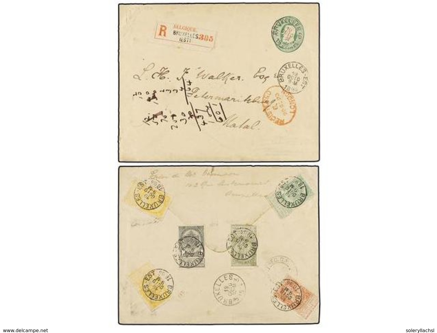 249 BELGICA. Of.52, 54 (2), 56, 57, 59. 1893. BRUXELLES To NATAL (South Africa). <B>10 Cts.</B> Green Postal Stationery  - Sonstige & Ohne Zuordnung