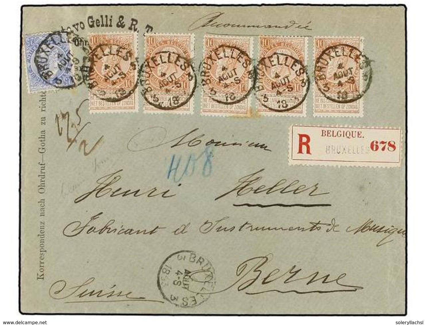 250 BELGICA. Of.57 (5), 60. 1893. BRUXELLES To SWITZERLAND. Envelope Franked With Five <B>10 Cts.</B> Red-brown And <B>2 - Sonstige & Ohne Zuordnung