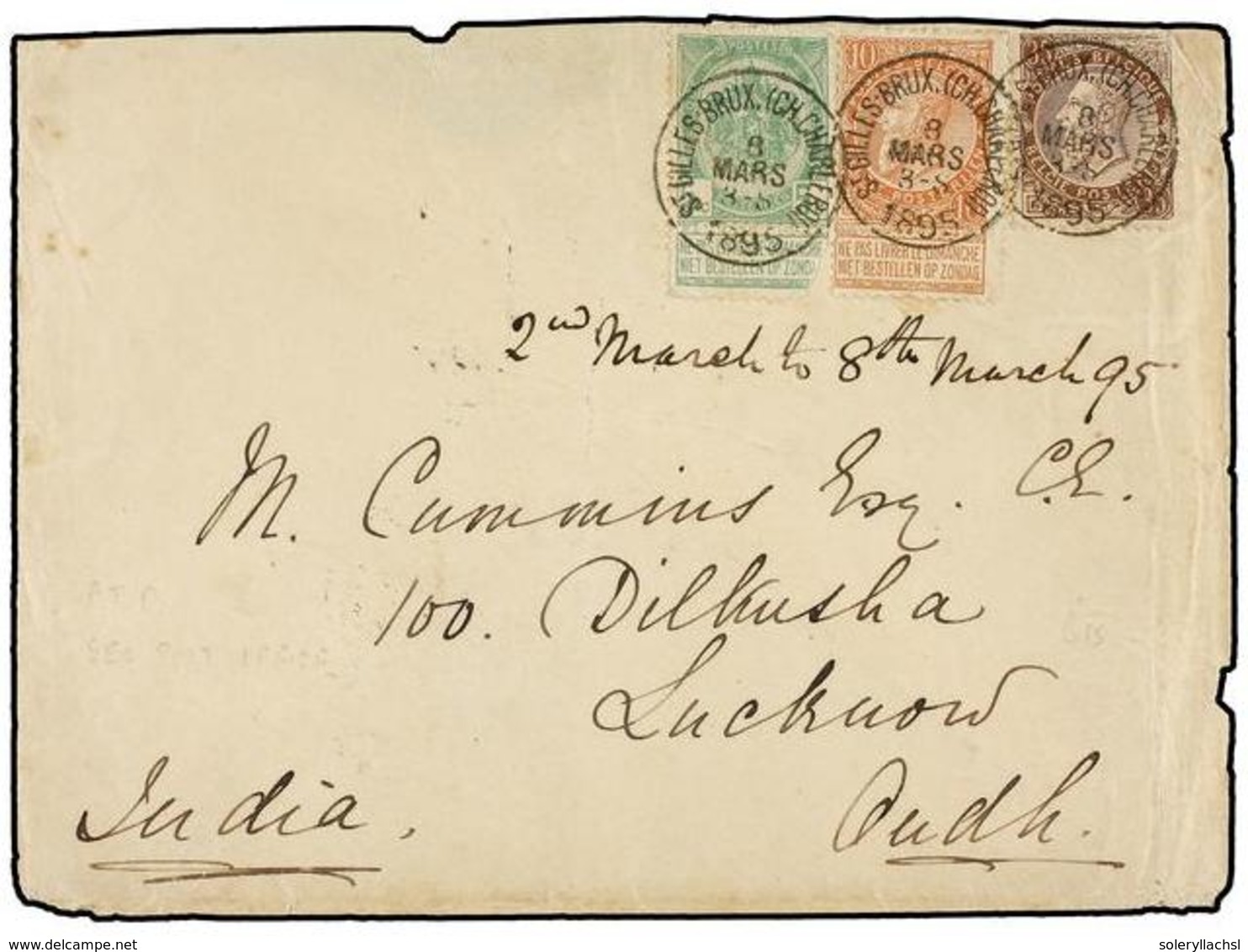 259 BELGICA. Of.49, 56, 57. 1895. BRUXELLES To LUCKNOW (India). Envelope Franked With <B>5 Cts. </B>green (fault), <B>10 - Sonstige & Ohne Zuordnung