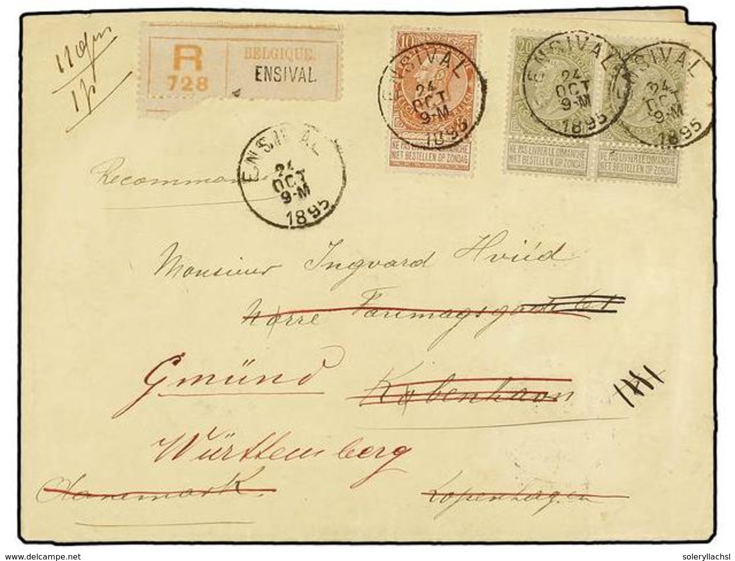 260 BELGICA. 1895-99. TWO Registered Covers To DENMARK. <B>10+20+20 Cts.</B> Frankings. - Sonstige & Ohne Zuordnung
