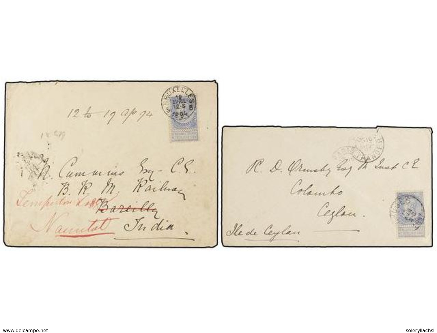 264 BELGICA. 1897. TWO Envelopes Sent To CEYLON Franked With <B>25 Cts.</B> Blue Stamp. Arrival Cds. On Reverse. - Sonstige & Ohne Zuordnung