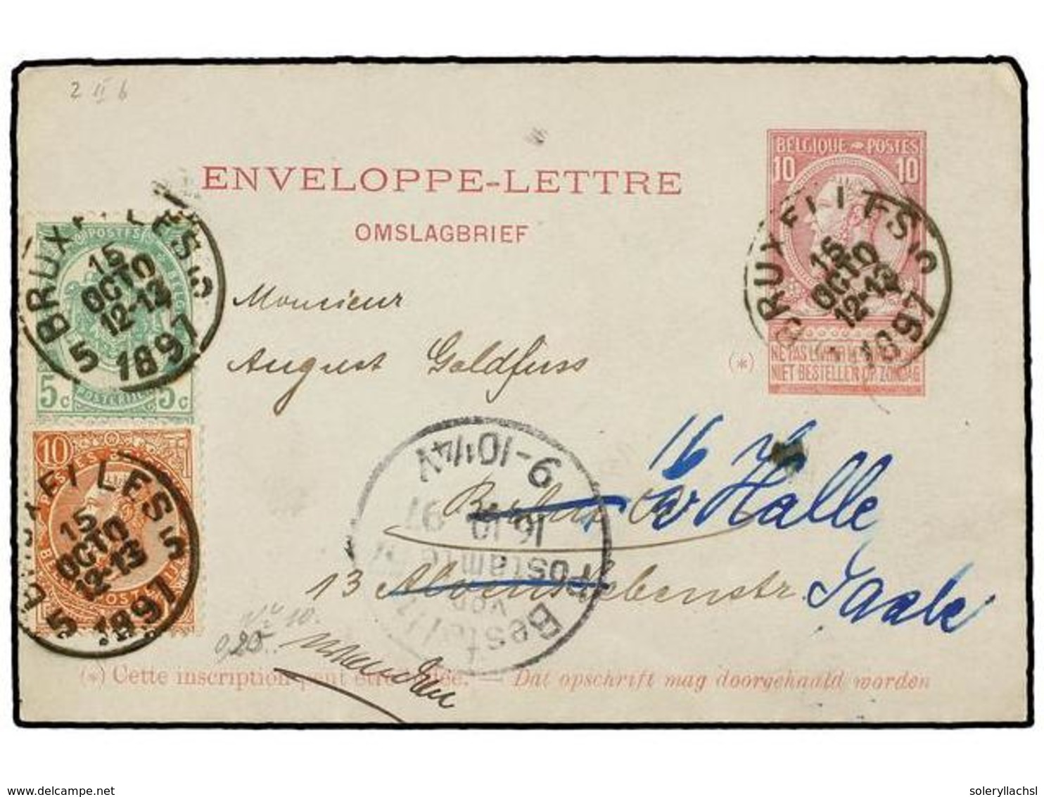 266 BELGICA. 1897. BRUXELLES To GERMANY. <B>10 Cts.</B> Rose <B>ENVELOPPE-LETTRE</B> Uprated With <B>5 Cts.</B> And <B>1 - Sonstige & Ohne Zuordnung