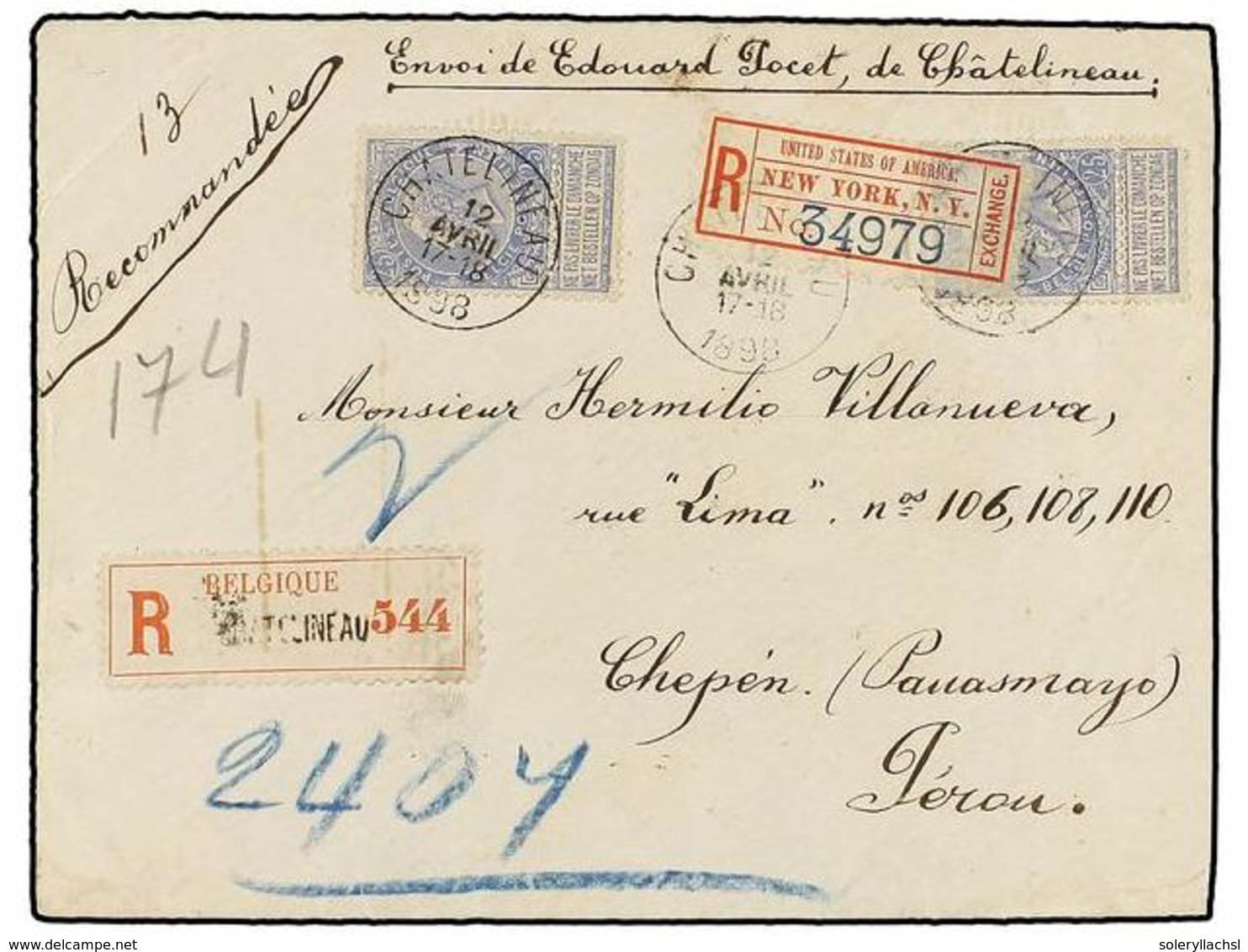 271 BELGICA. Of.60 (2). 1898. CHATELINEAU To CHEPEN (Perú). Envelope Franked With Two <B>25 Cts.</B> Blue Stamps, Sent R - Sonstige & Ohne Zuordnung