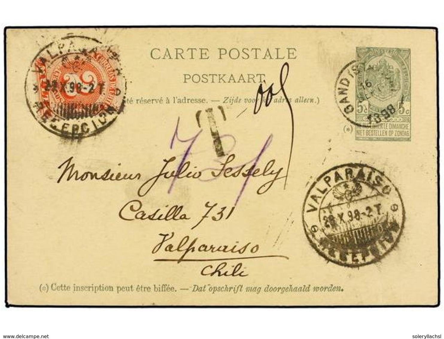 272 BELGICA. 1898. GAND To VALPARAISO (Chile). <B>5 Cts.</B> Green Postal Stationery Card Taxed On Arrival With Chilean  - Sonstige & Ohne Zuordnung