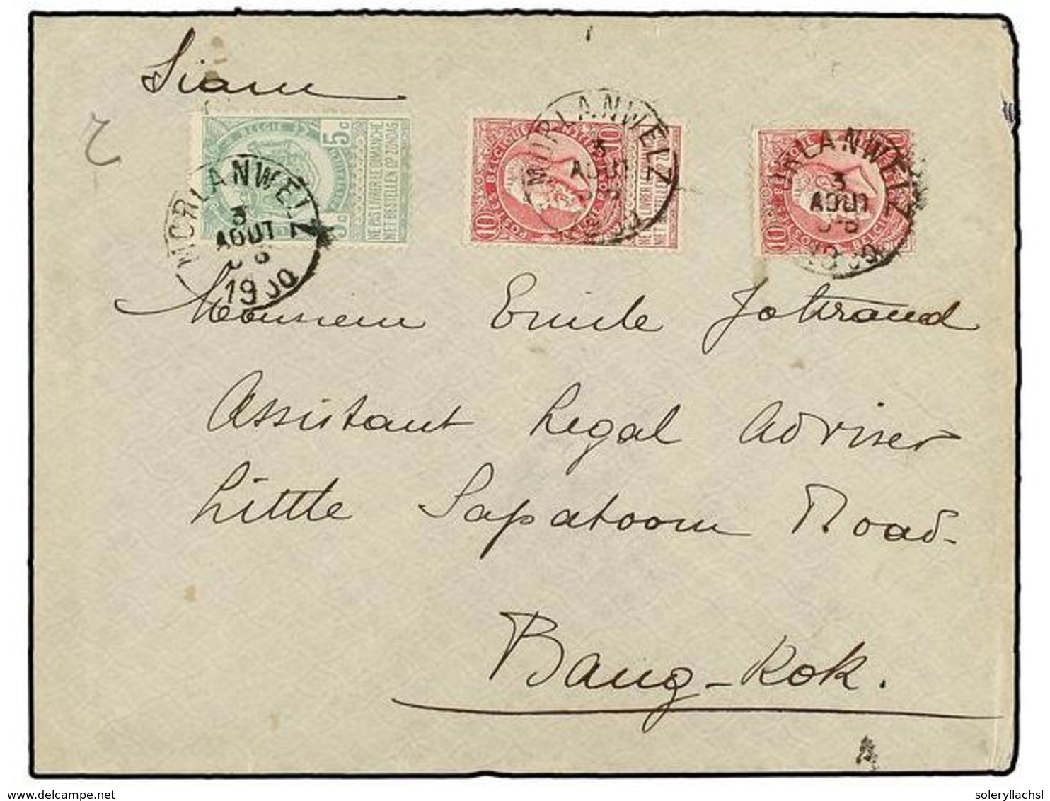 285 BELGICA. 1900. MORLANWELZ To BANGKOK (Siam). Envelope Franked With Two <B>10 Cts. </B>rose And <B>5 Cts. </B>green S - Sonstige & Ohne Zuordnung
