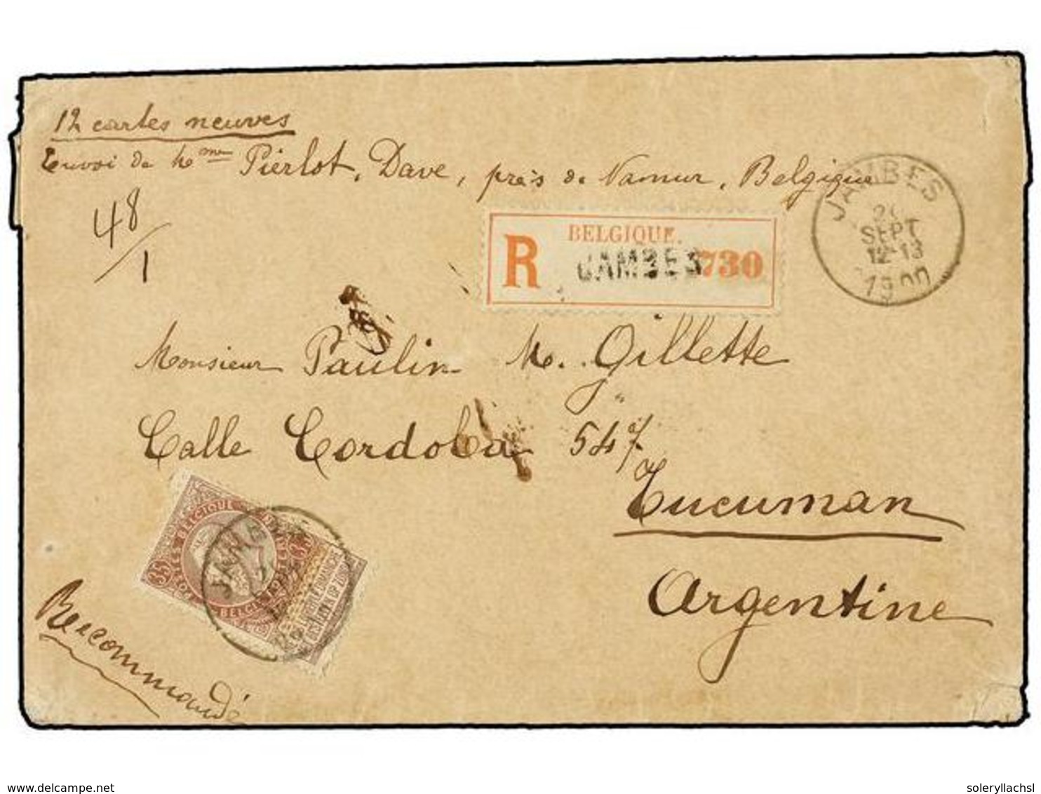 287 BELGICA. Of.61. 1900. JAMBES To TUCUMAN (Argentina). Envelope Franked With <B>35 Cts.</B> Brown Stamps, Sent Registe - Sonstige & Ohne Zuordnung