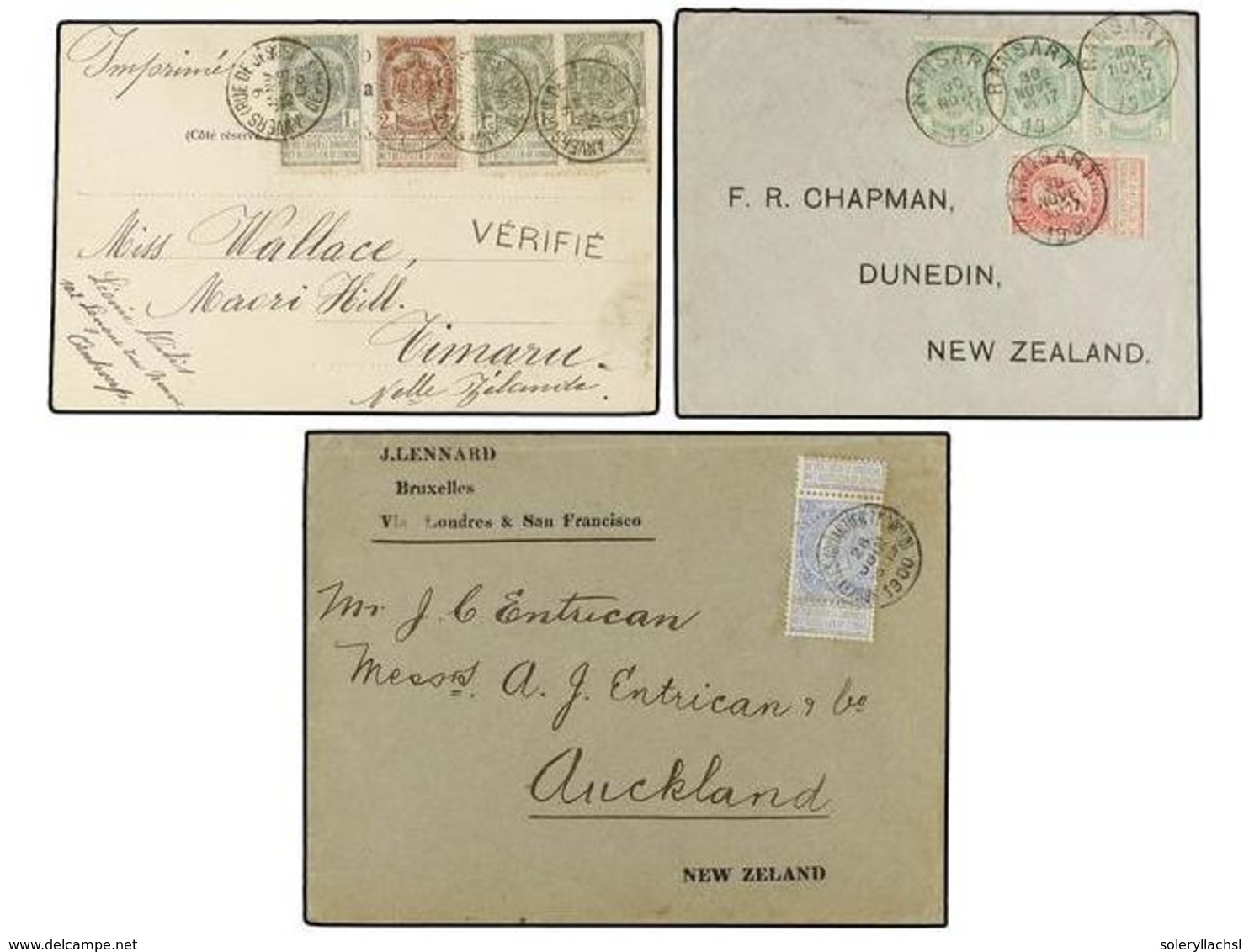 288 BELGICA. 1900-1906. POSTCARD And Two Envelopes Sent To NEW ZEALAND. - Sonstige & Ohne Zuordnung