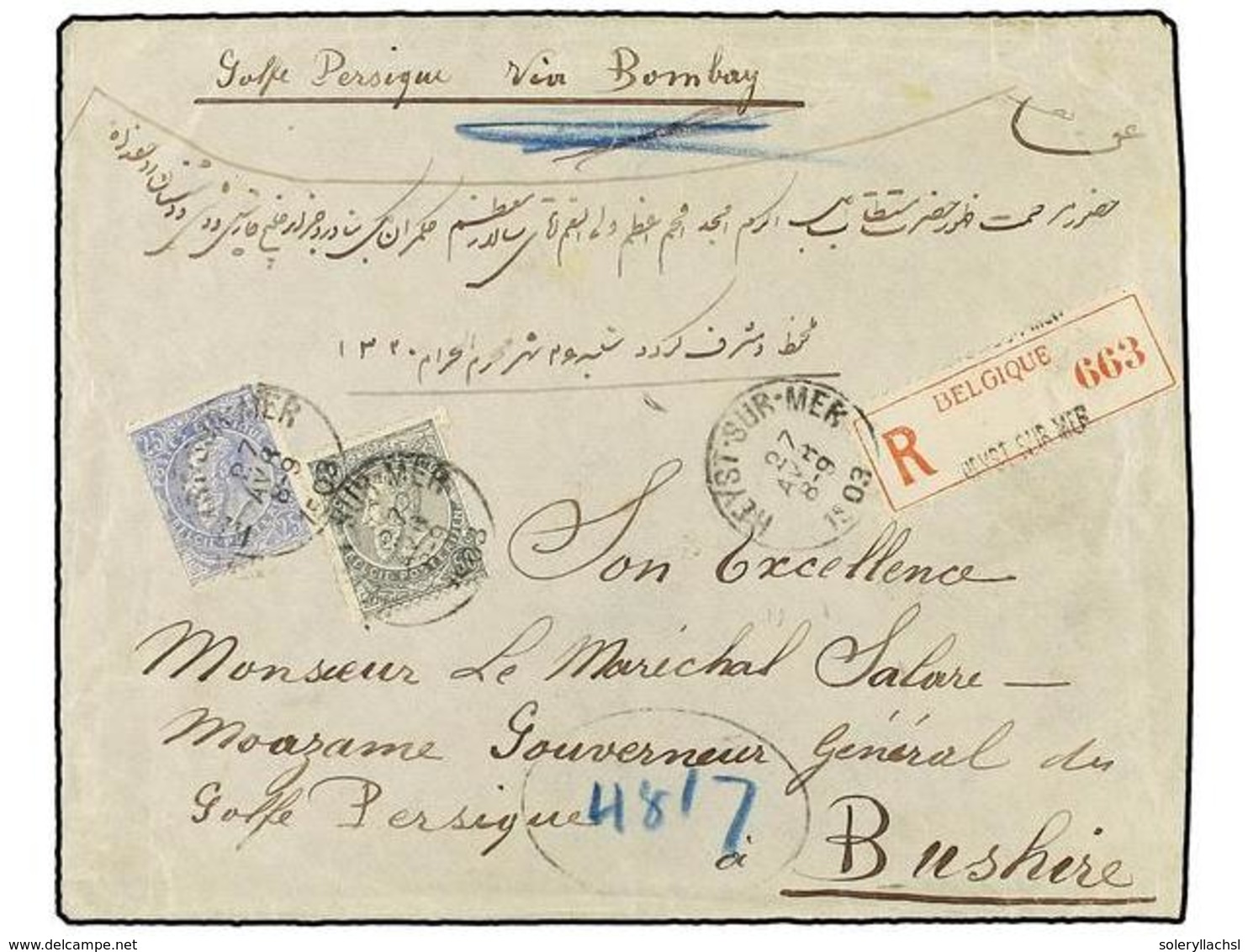 295 BELGICA. Of.60, 63. 1903. HEYST SUR MERE To BUSHIRE (Persian Gulf). Envelope Franked With <B>25 Cts.</B> Blue And <B - Sonstige & Ohne Zuordnung