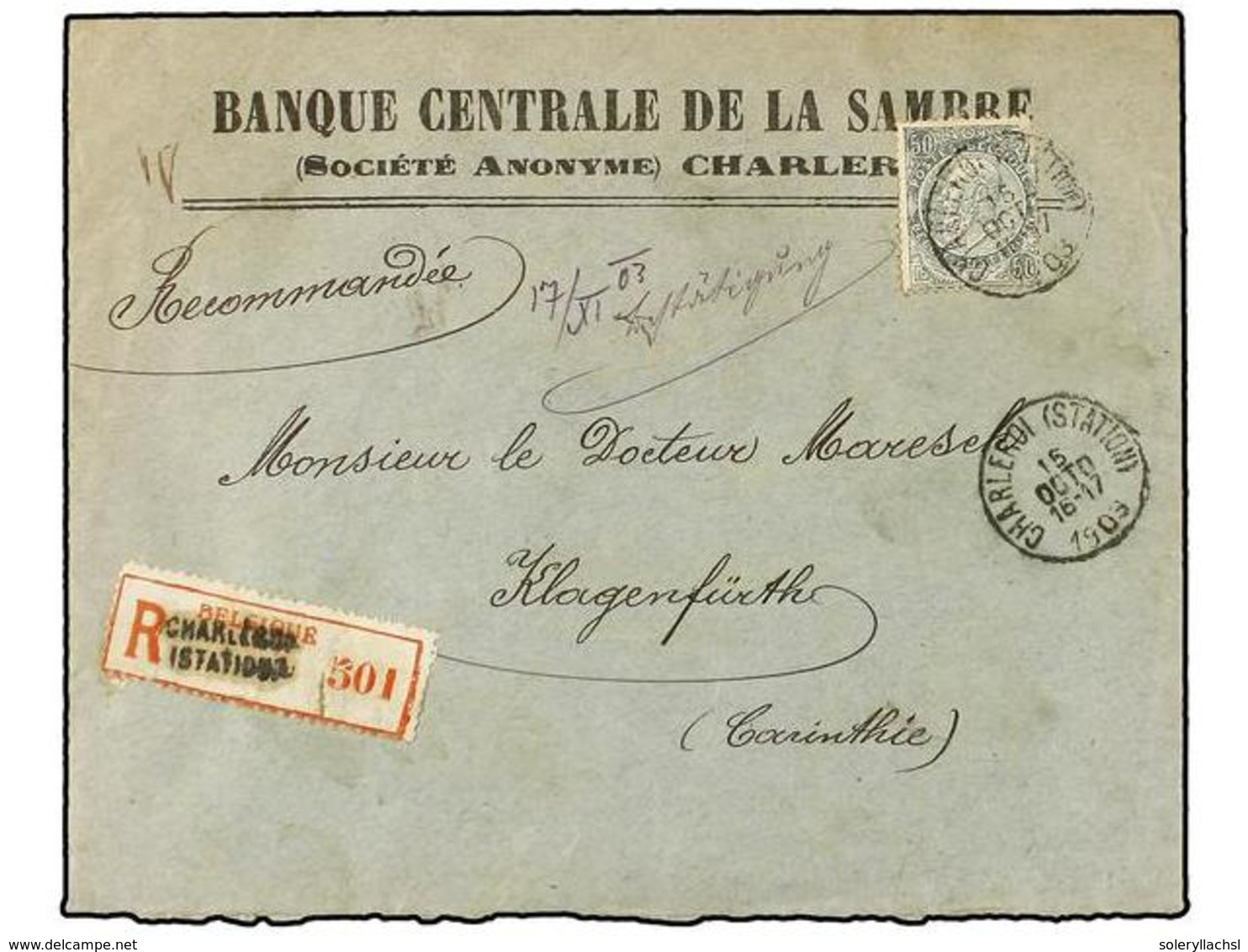 297 BELGICA. 1903. CHARLEROI To KLAGENFURTH (Carinthia). Envelope Franked With <B>50 Cts.</B> Grey, Sent Registered. Arr - Sonstige & Ohne Zuordnung