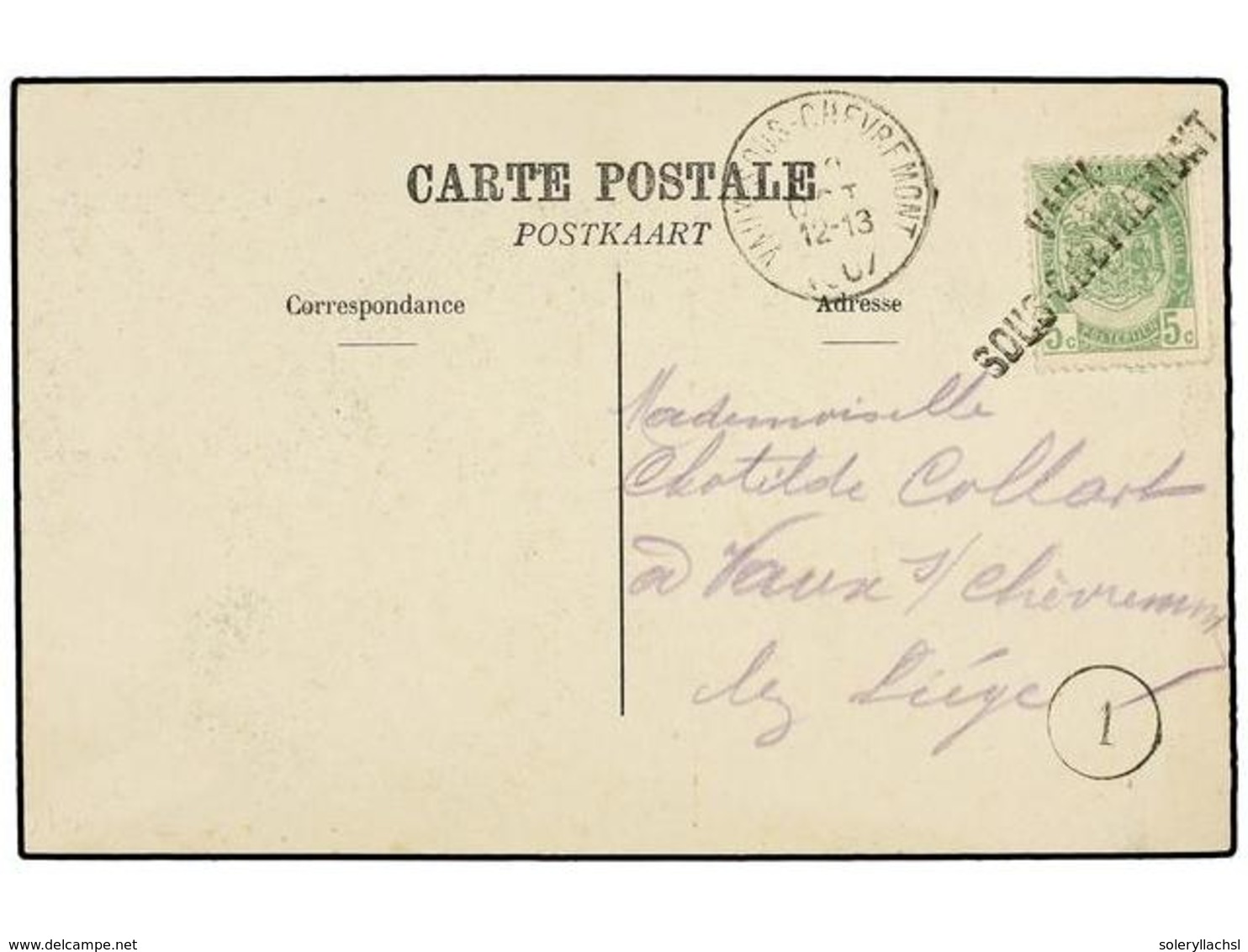 306 BELGICA. Of.83. 1907. Postacard Franked With <B>5 Cts.</B> Green, Tied By Lineal <B>VAUX/SOUS CHEVREMONT</B> Cancel. - Other & Unclassified