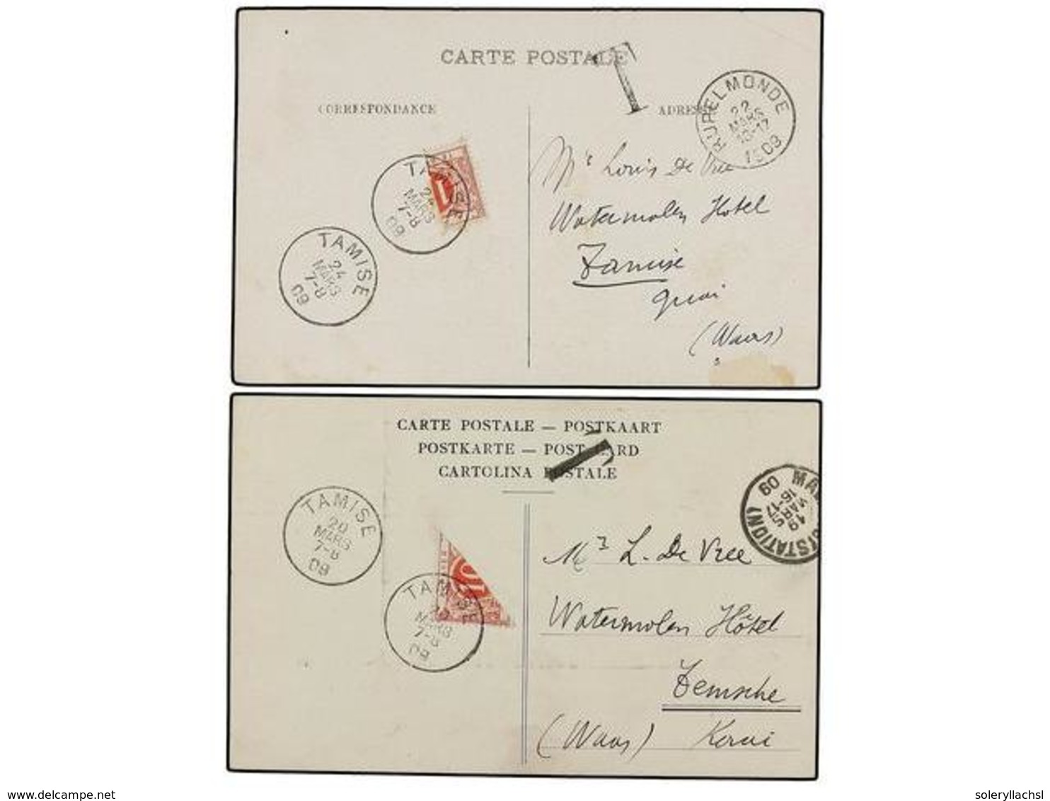 309 BELGICA. 1909. 2 Tarjetas Postales Circuladas A TAMISE Tasadas A La Llegada Con Sellos De <B>10 Cts.</B> Rojo Bisect - Sonstige & Ohne Zuordnung